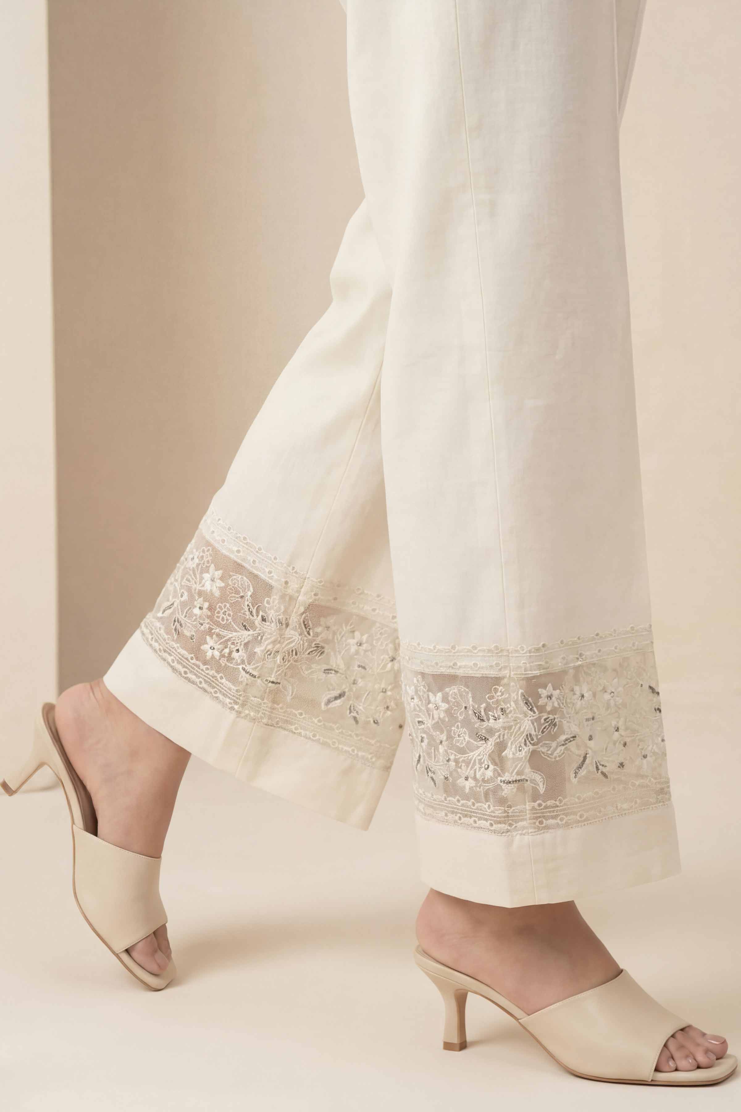 Embroidered Trousers - PE26-637 Off White Cambric 1PC Embroidered READY TO WEAR