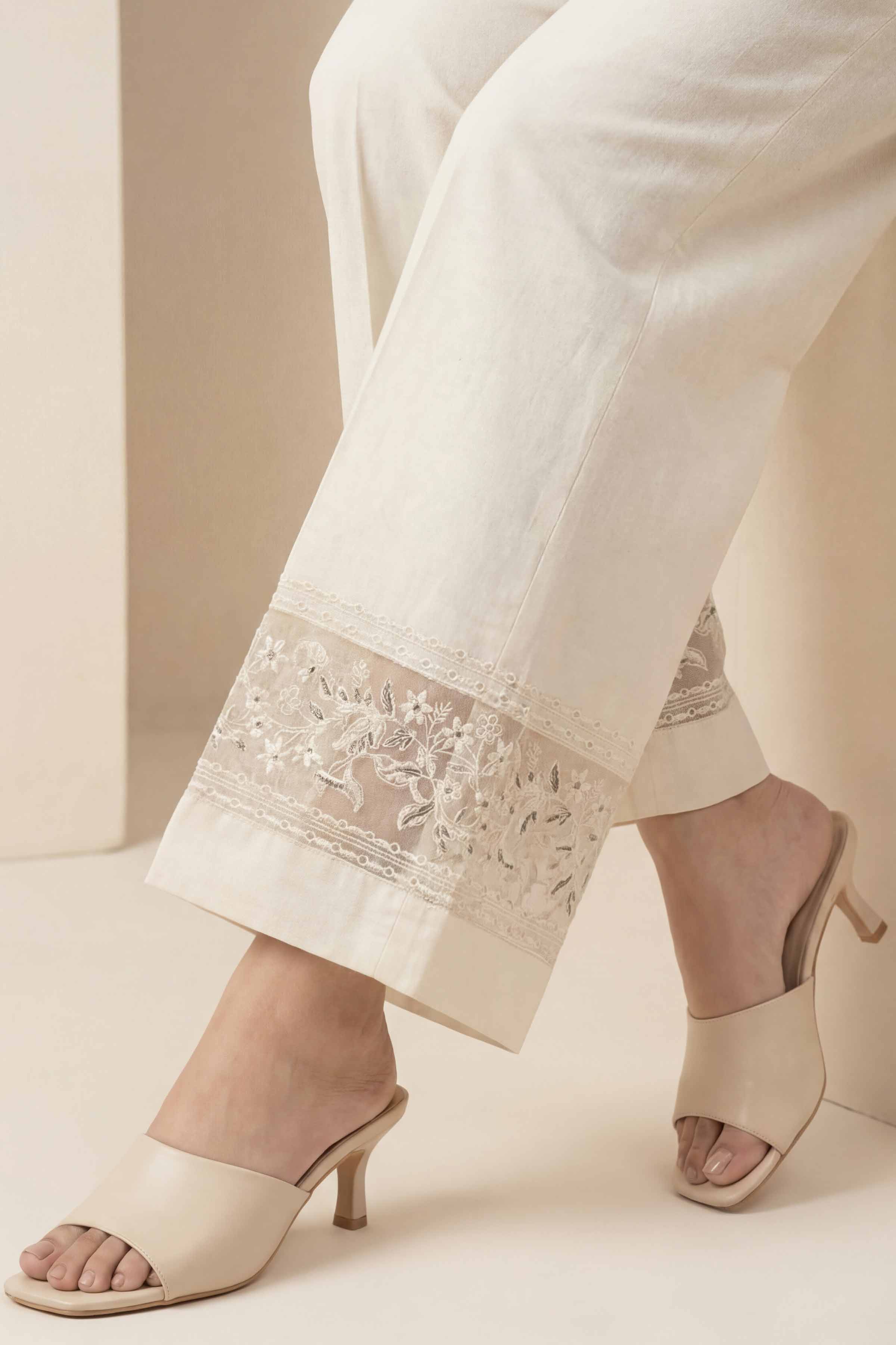 Embroidered Trousers - PE26-637 Off White Cambric 1PC Embroidered READY TO WEAR