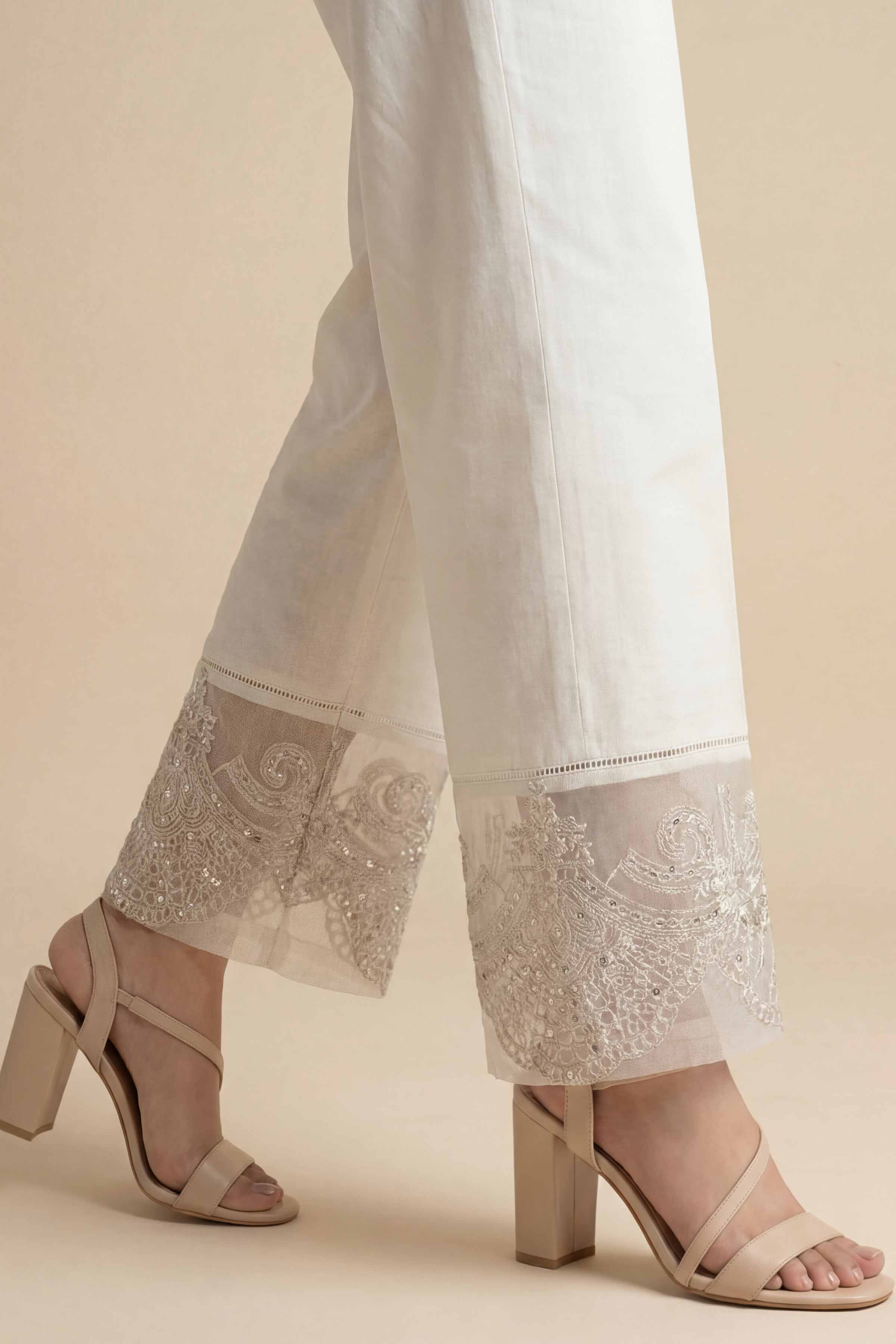 Embroidered Trousers - PE26-638 White Cambric 1PC Embroidered READY TO WEAR