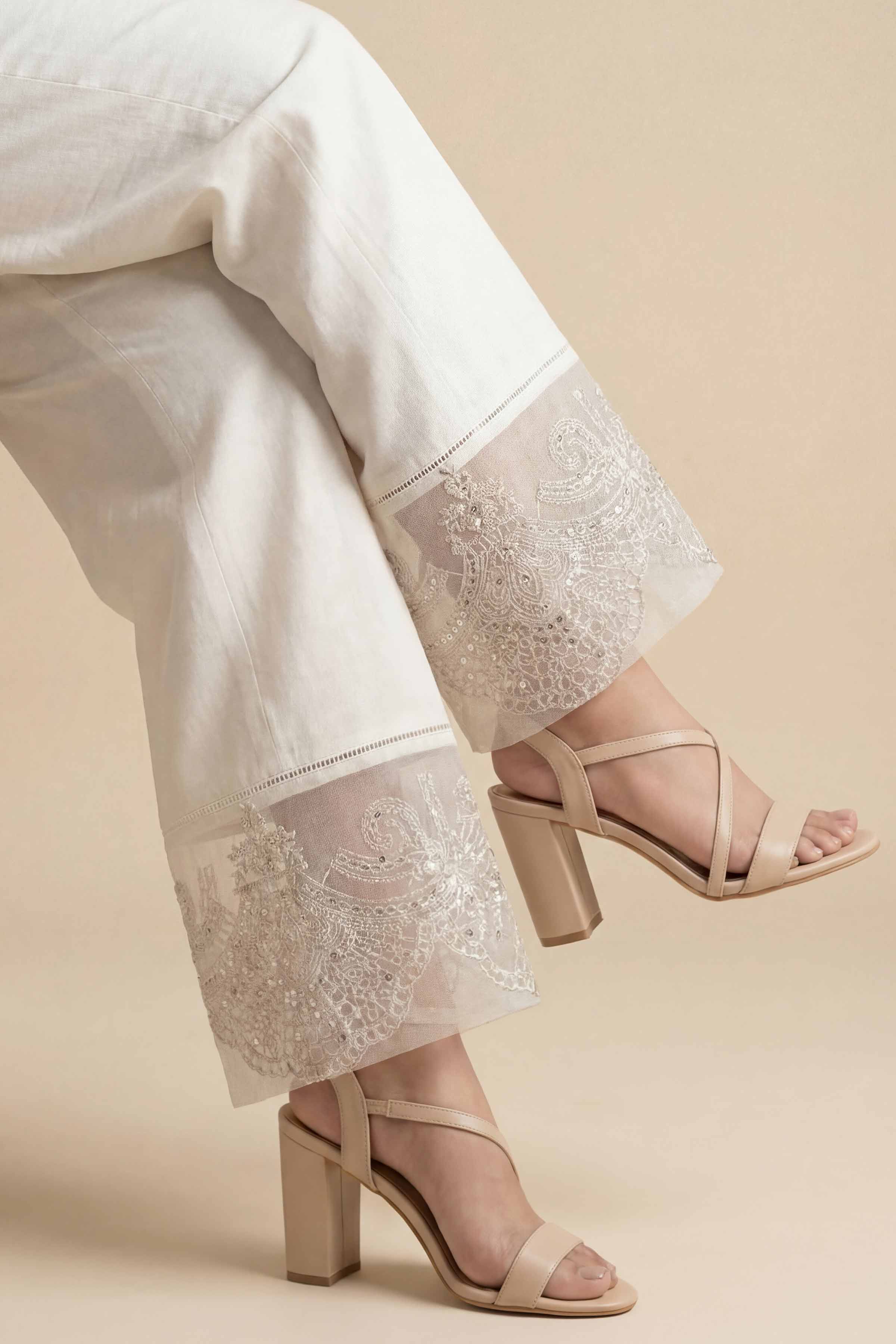 Embroidered Trousers - PE26-638 White Cambric 1PC Embroidered READY TO WEAR