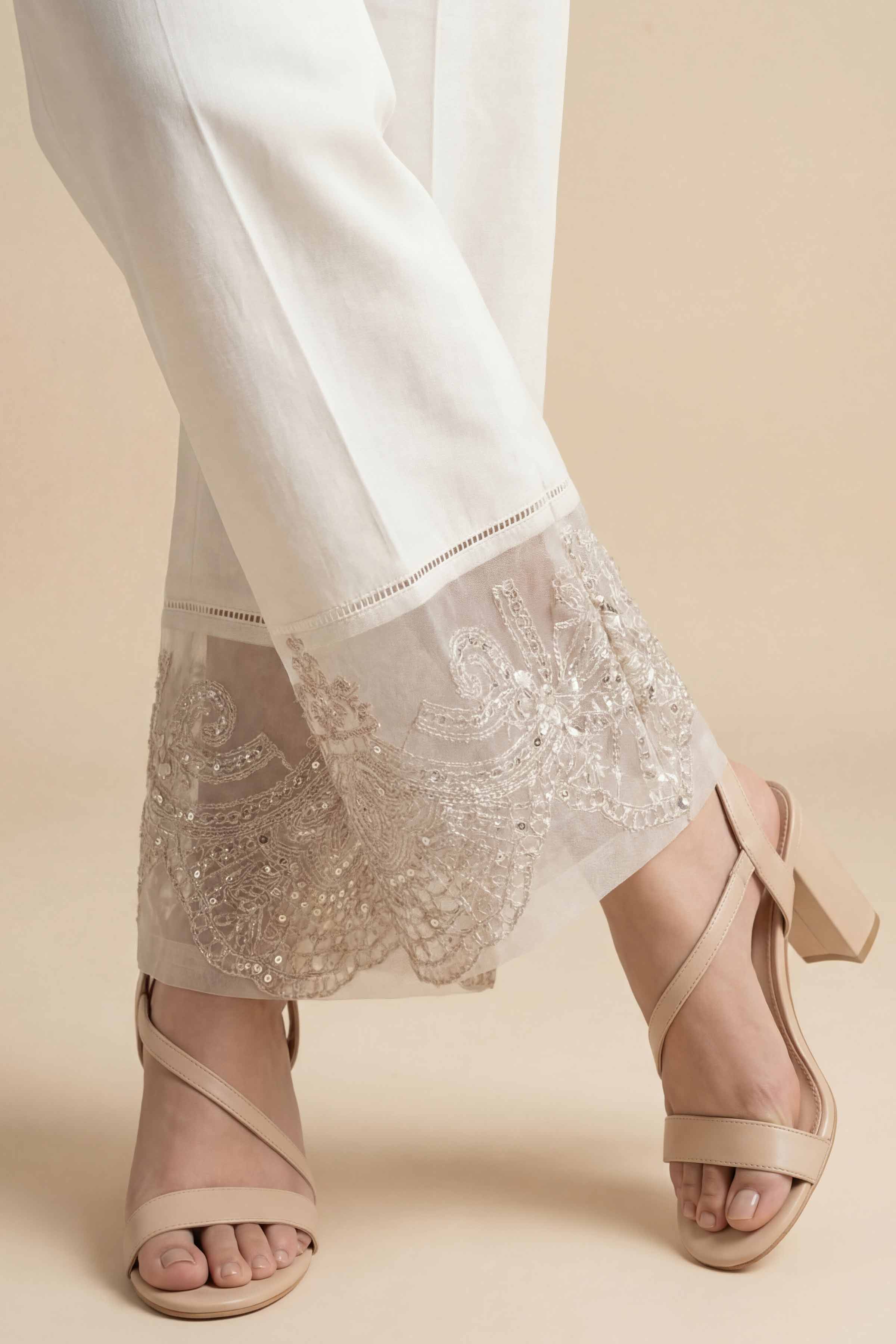 Embroidered Trousers - PE26-638 White Cambric 1PC Embroidered READY TO WEAR