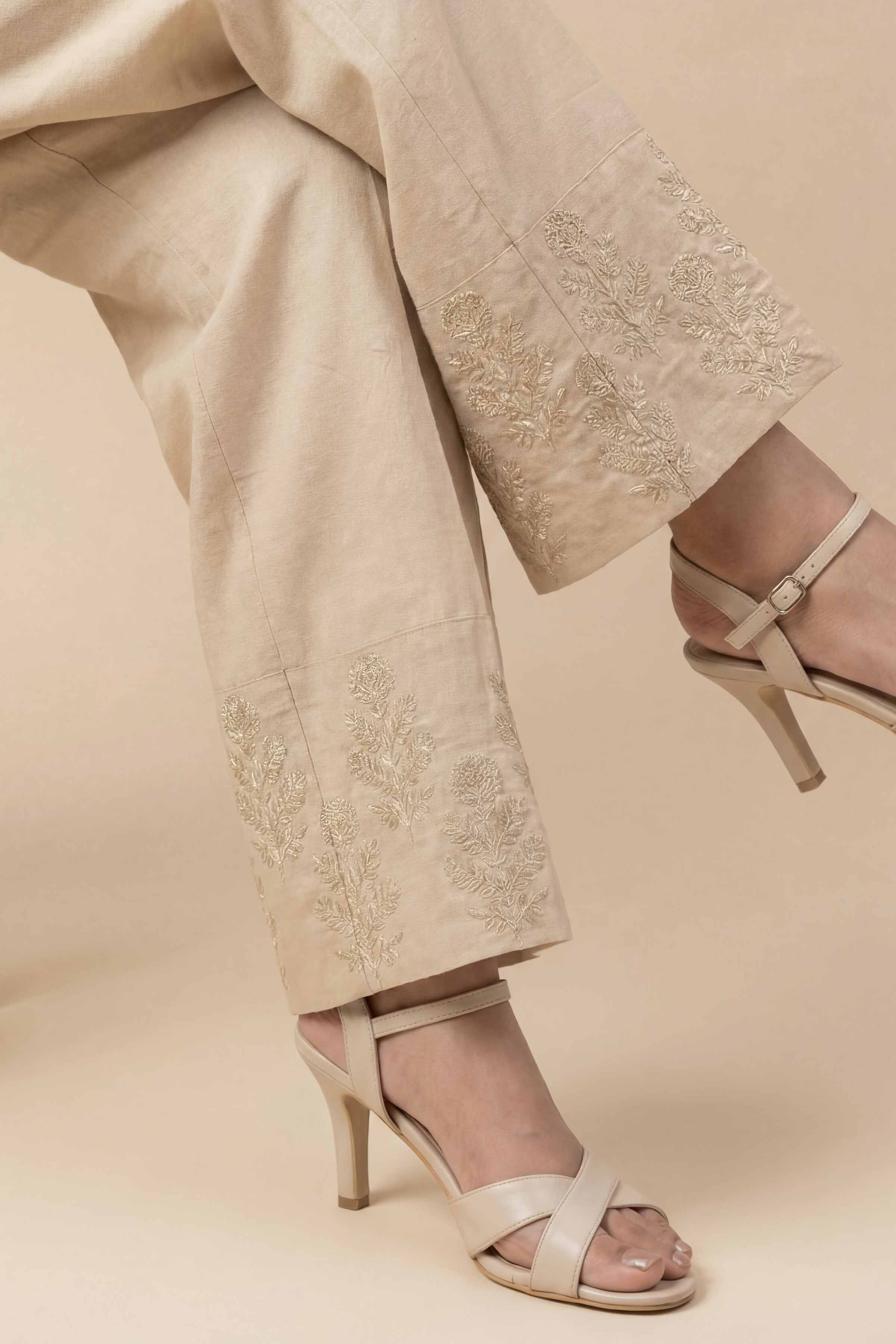 Embroidered Trousers - PE26-640 Beige Cambric 1PC Embroidered READY TO WEAR