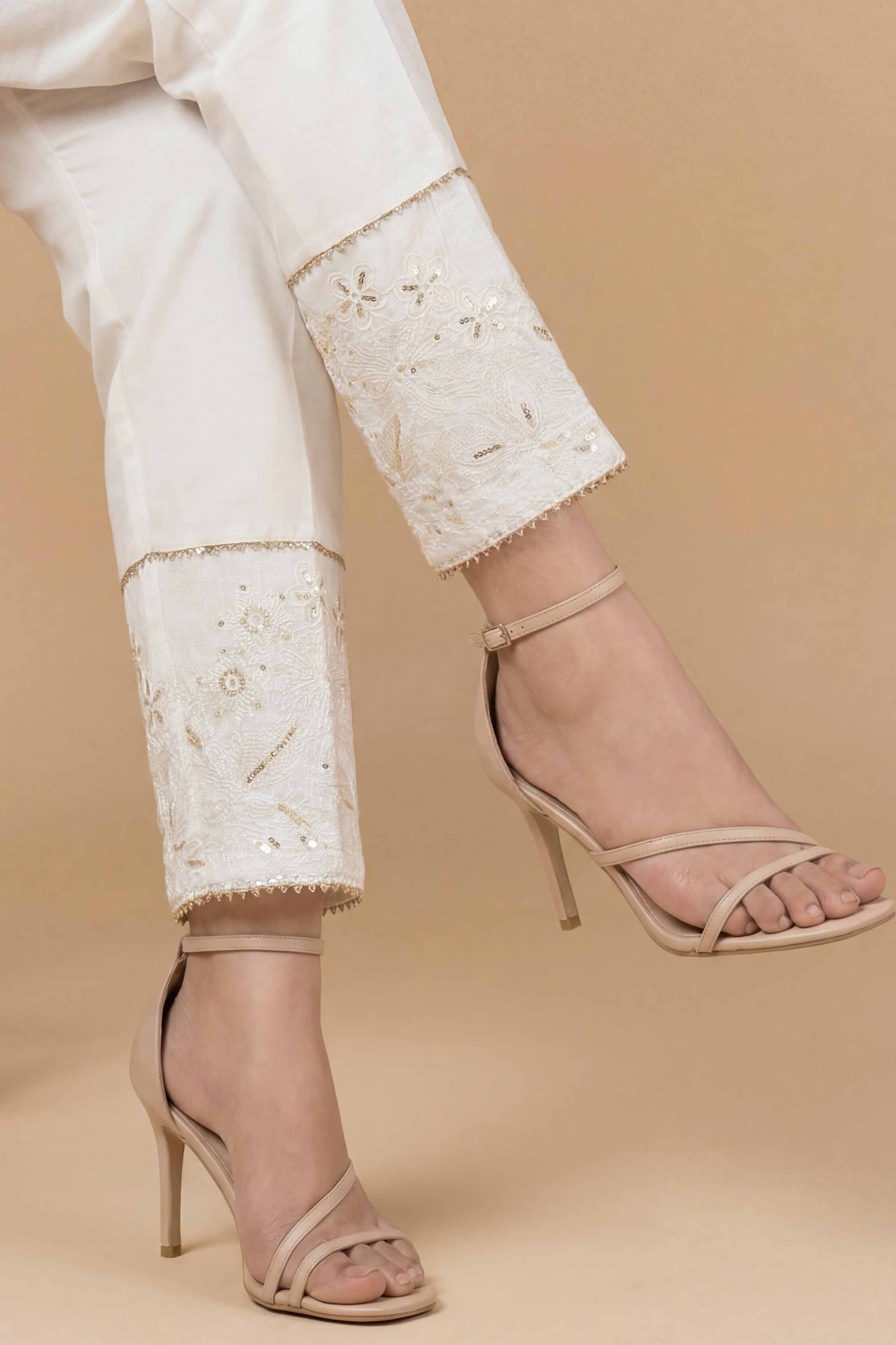 Embroidered Trousers - PE26-642 White Cambric 1PC Embroidered READY TO WEAR