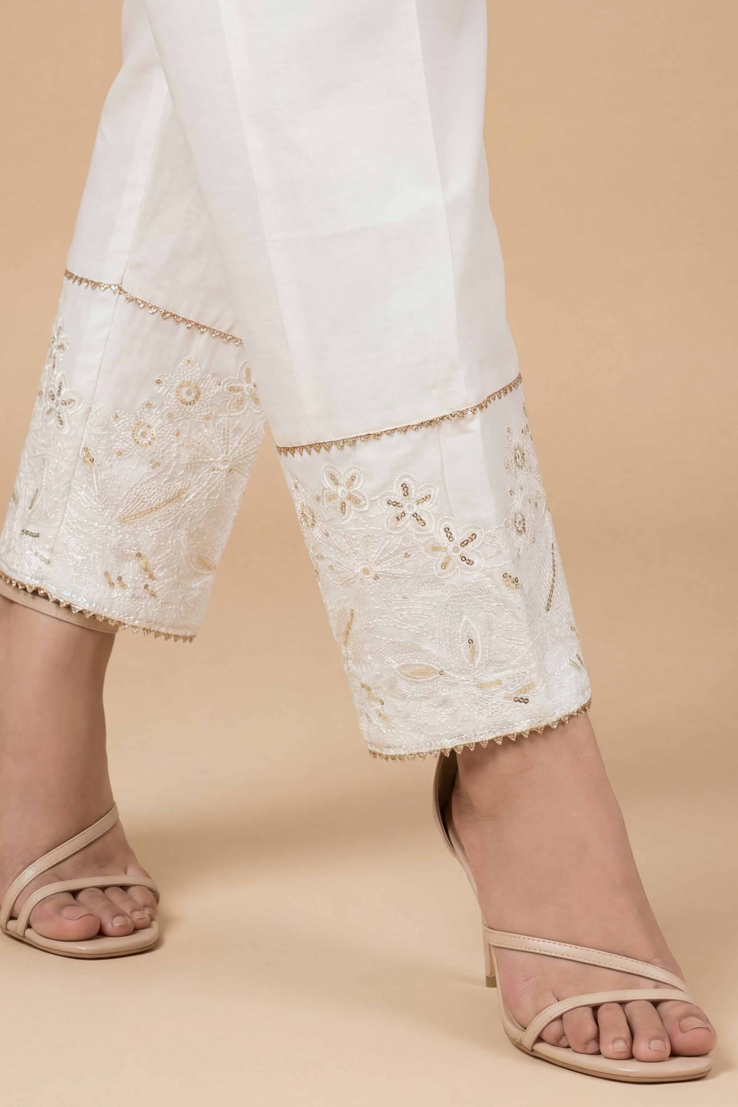 Embroidered Trousers - PE26-642 White Cambric 1PC Embroidered READY TO WEAR