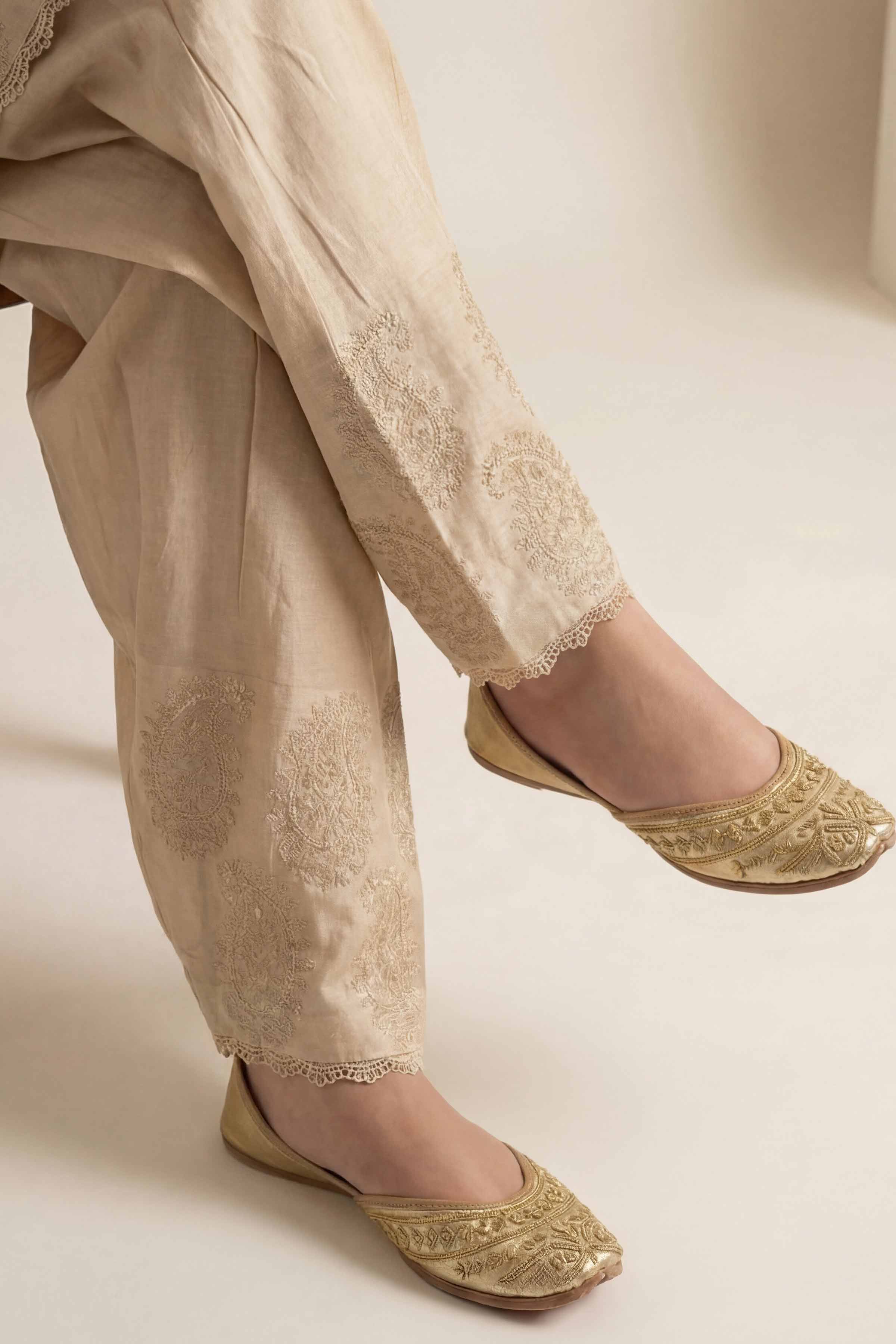Embroidered Trousers - PE26-644 Beige Cambric 1PC Embroidered READY TO WEAR