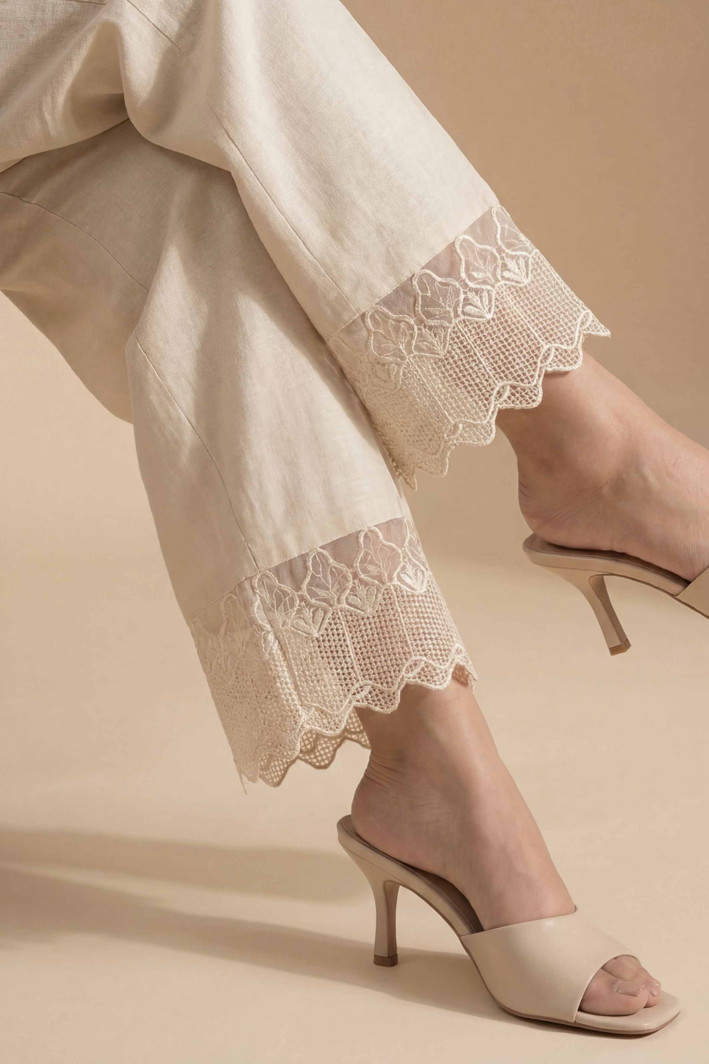 Embroidered Trousers - PE26-649 Beige Cambric 1PC Embroidered READY TO WEAR