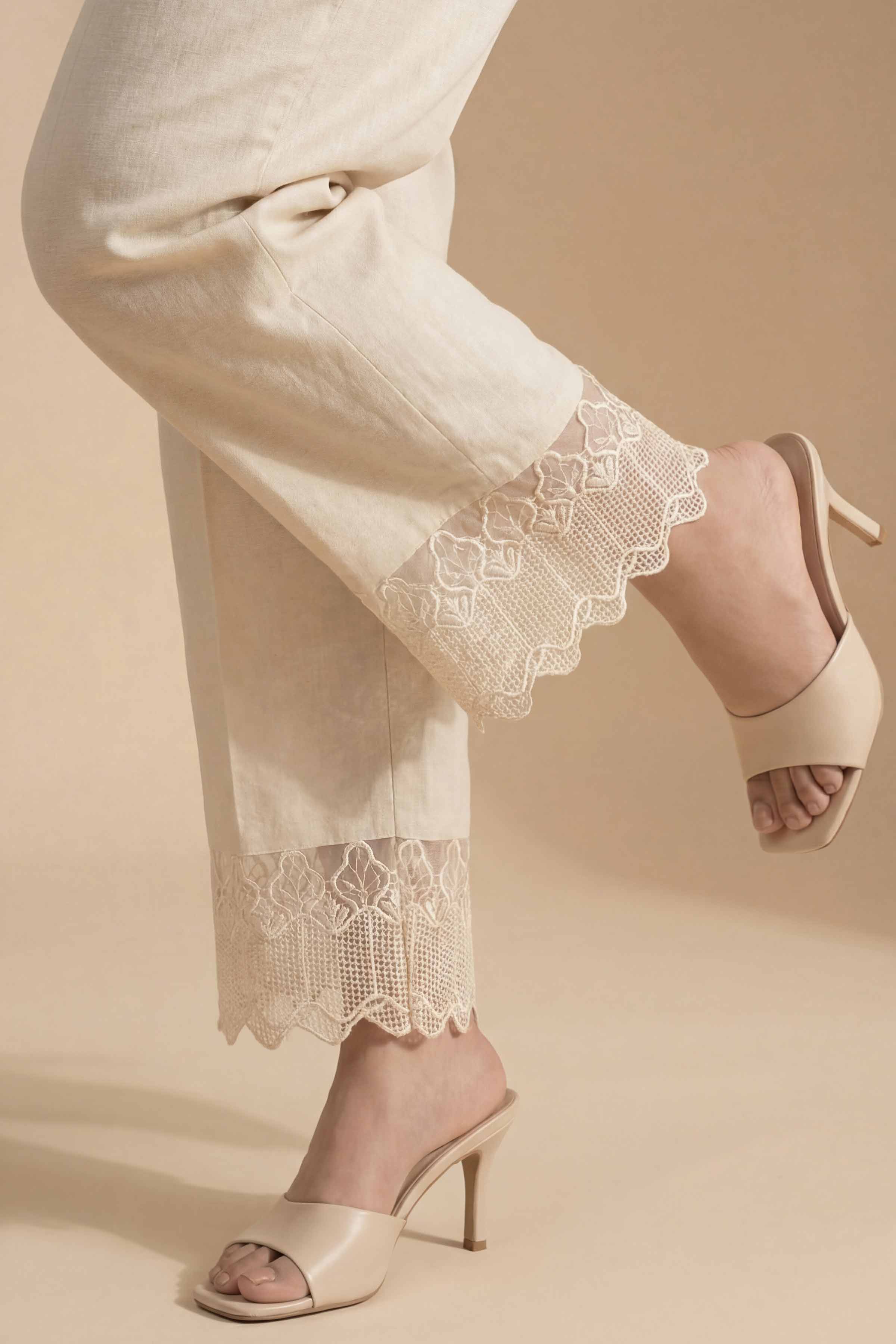 Embroidered Trousers - PE26-649 Beige Cambric 1PC Embroidered READY TO WEAR