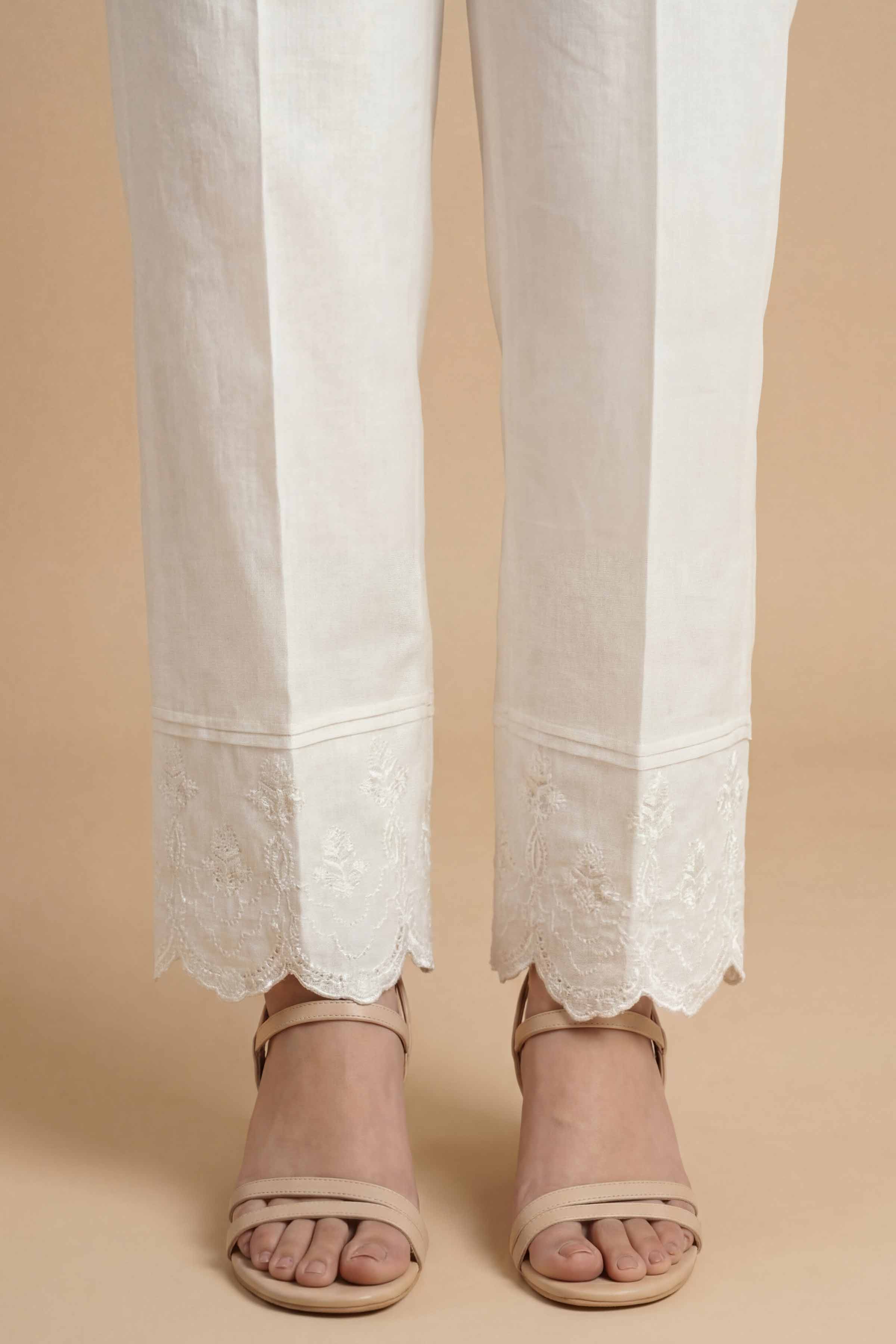 Embroidered Trousers - PE26-655 White Cambric 1PC Embroidered