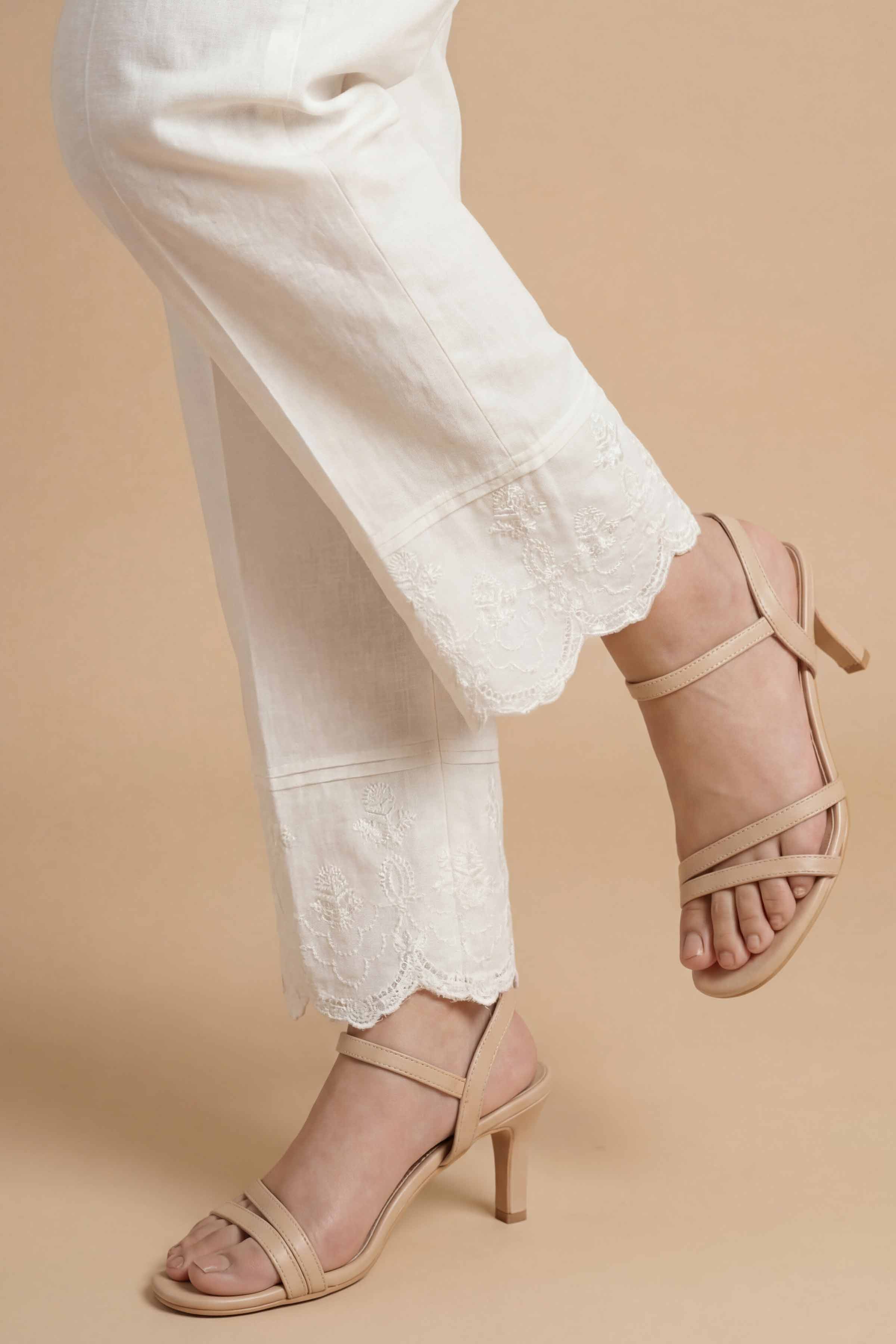 Embroidered Trousers - PE26-655 White Cambric 1PC Embroidered
