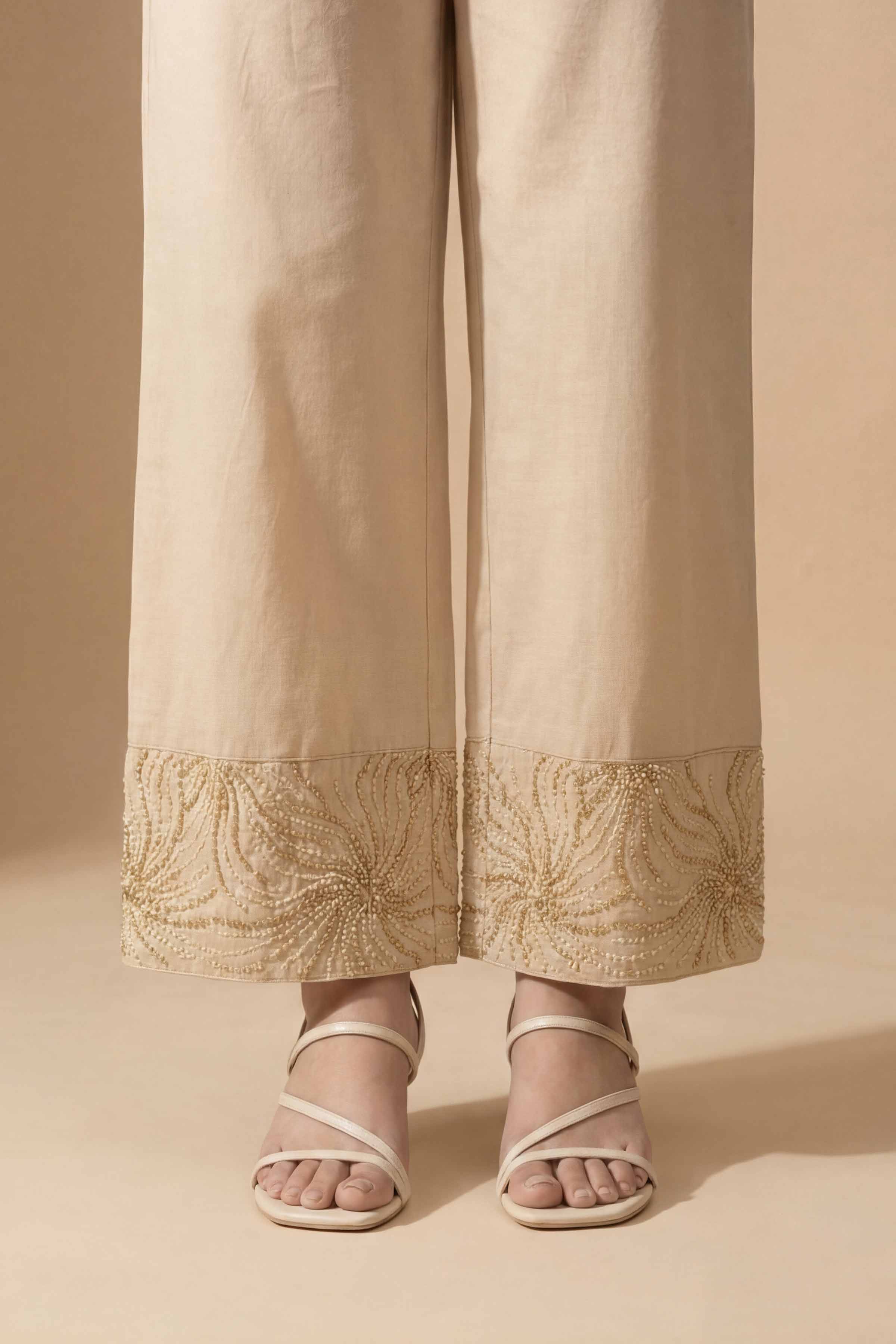 Embroidered Trousers - PE26-661 Beige Cambric 1PC Embroidered
