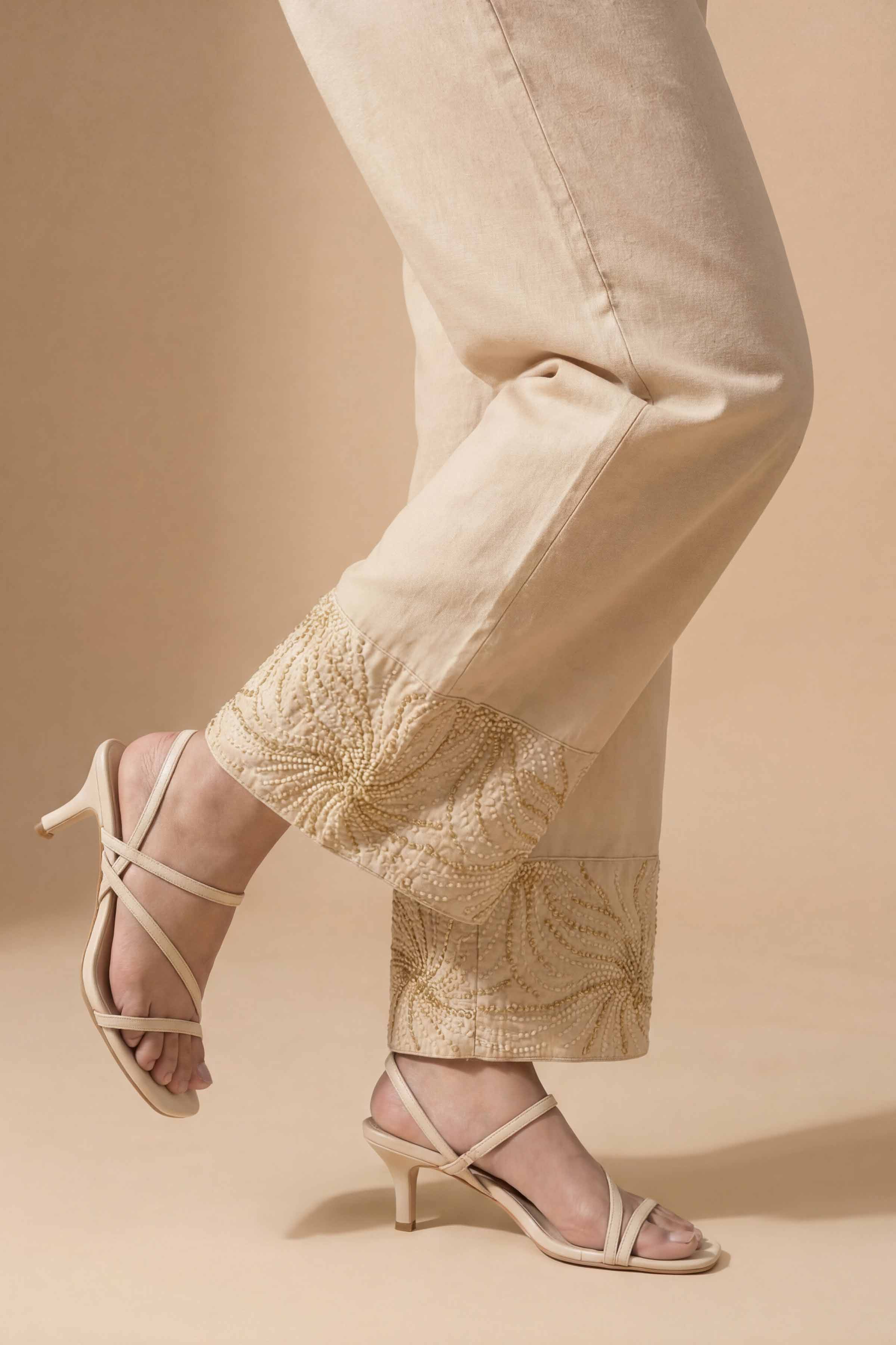 Embroidered Trousers - PE26-661 Beige Cambric 1PC Embroidered
