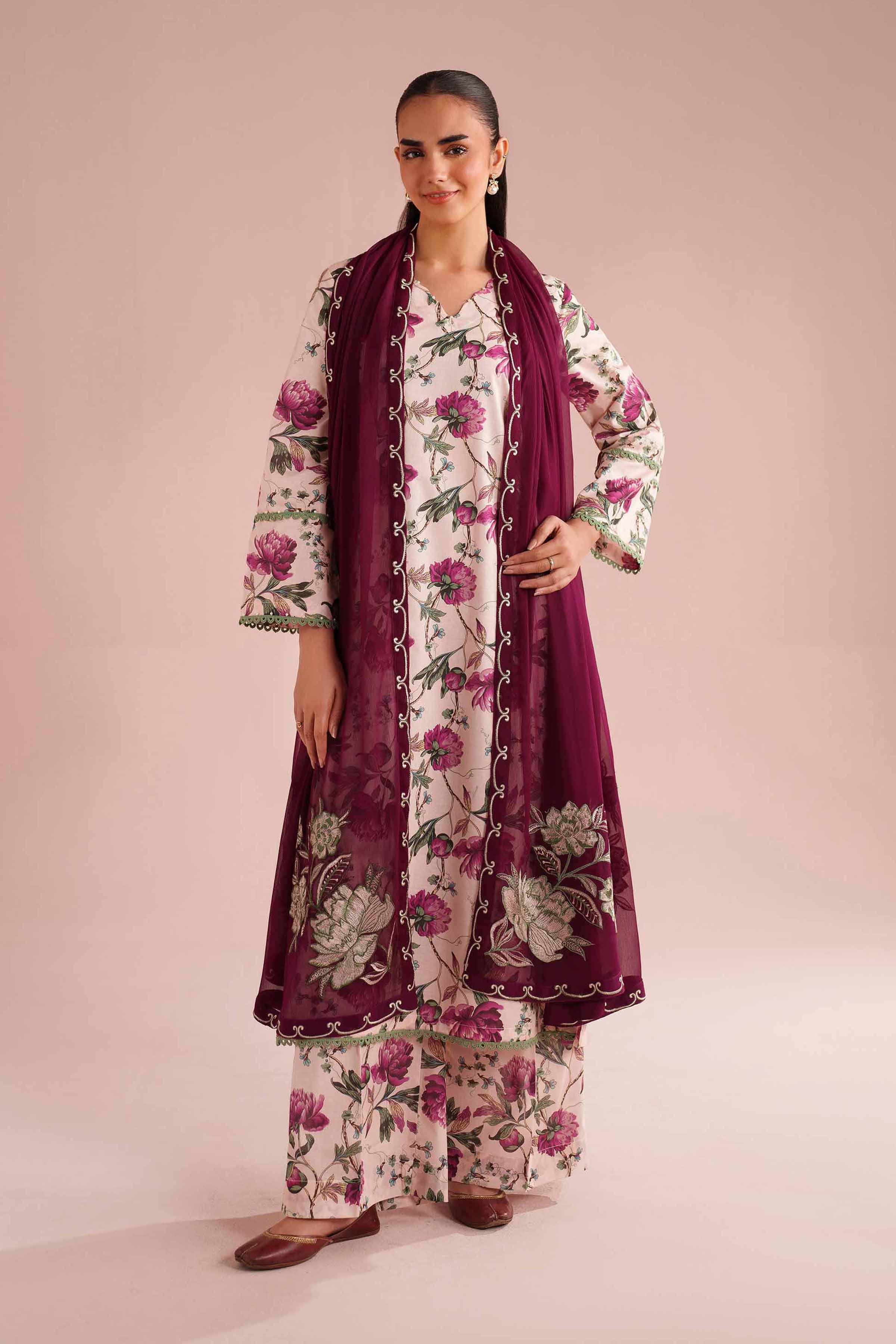 3 Piece - Printed Embroidered Suit - PE26-70