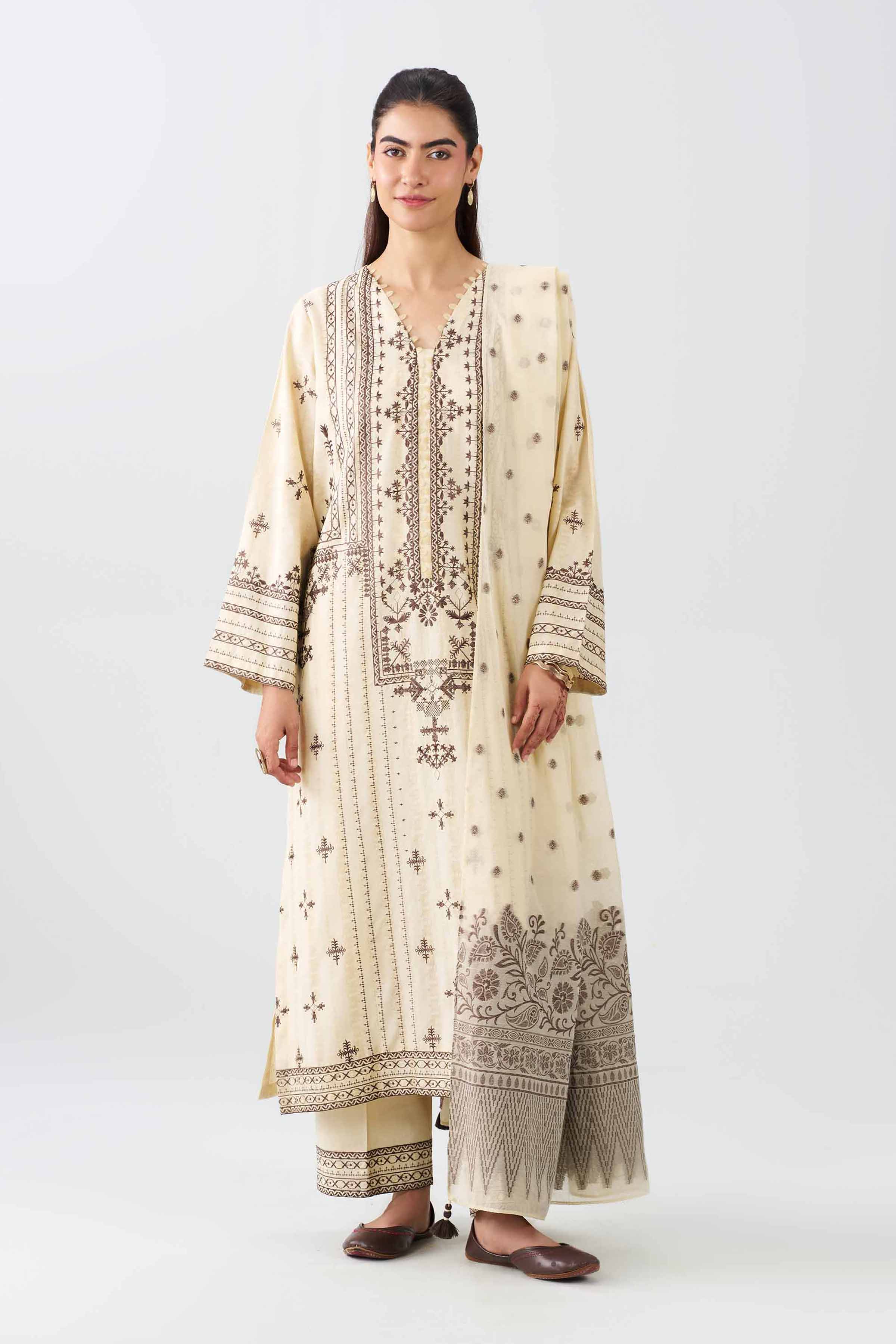 3 Piece - Embroidered Suit - PE26-71 Off White Jacquard Embroidered A-Line shirt
