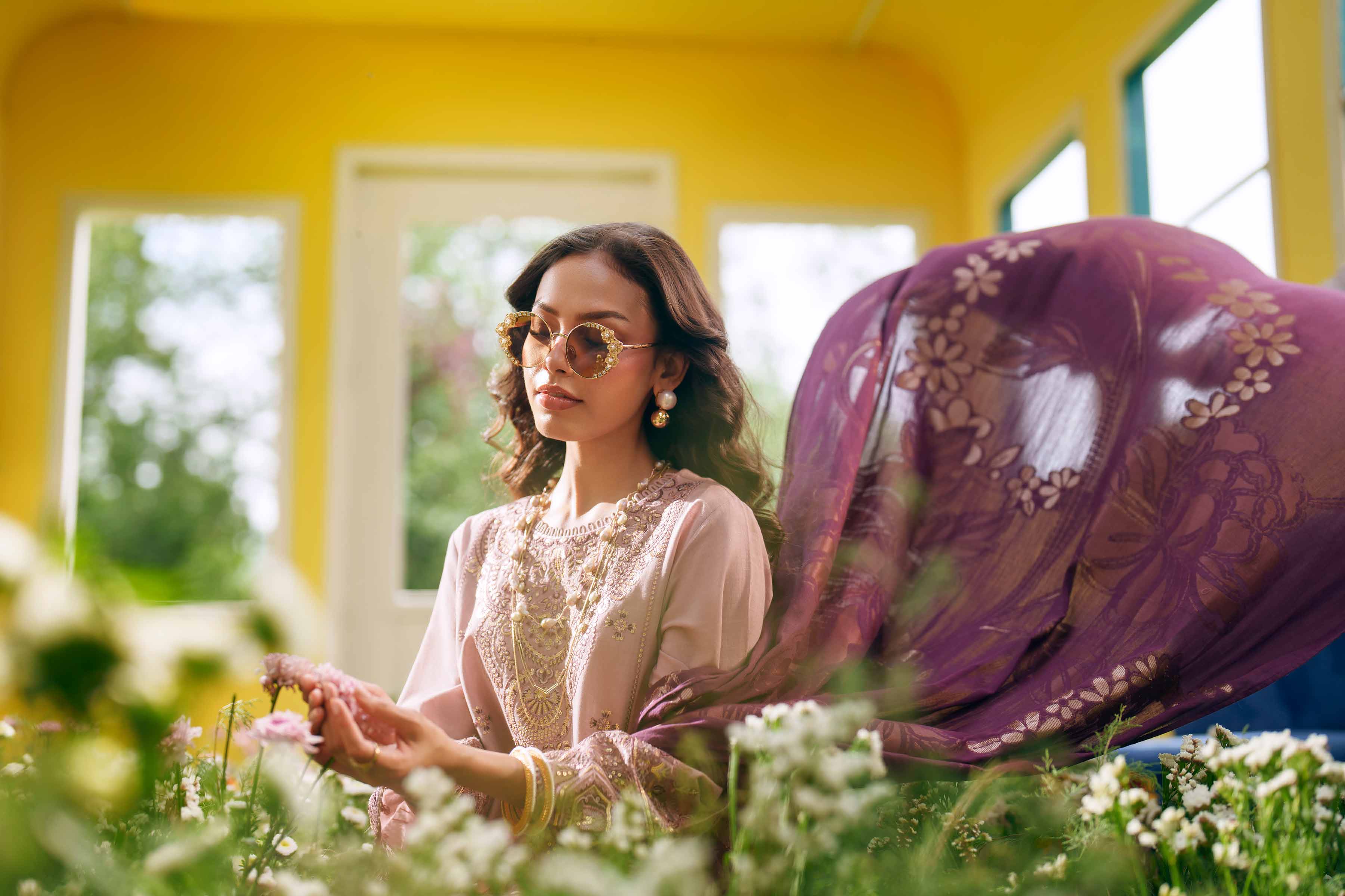 3 Piece - Embroidered Suit - PE26-76 Purple Slub 3PC Embroidered READY TO WEAR