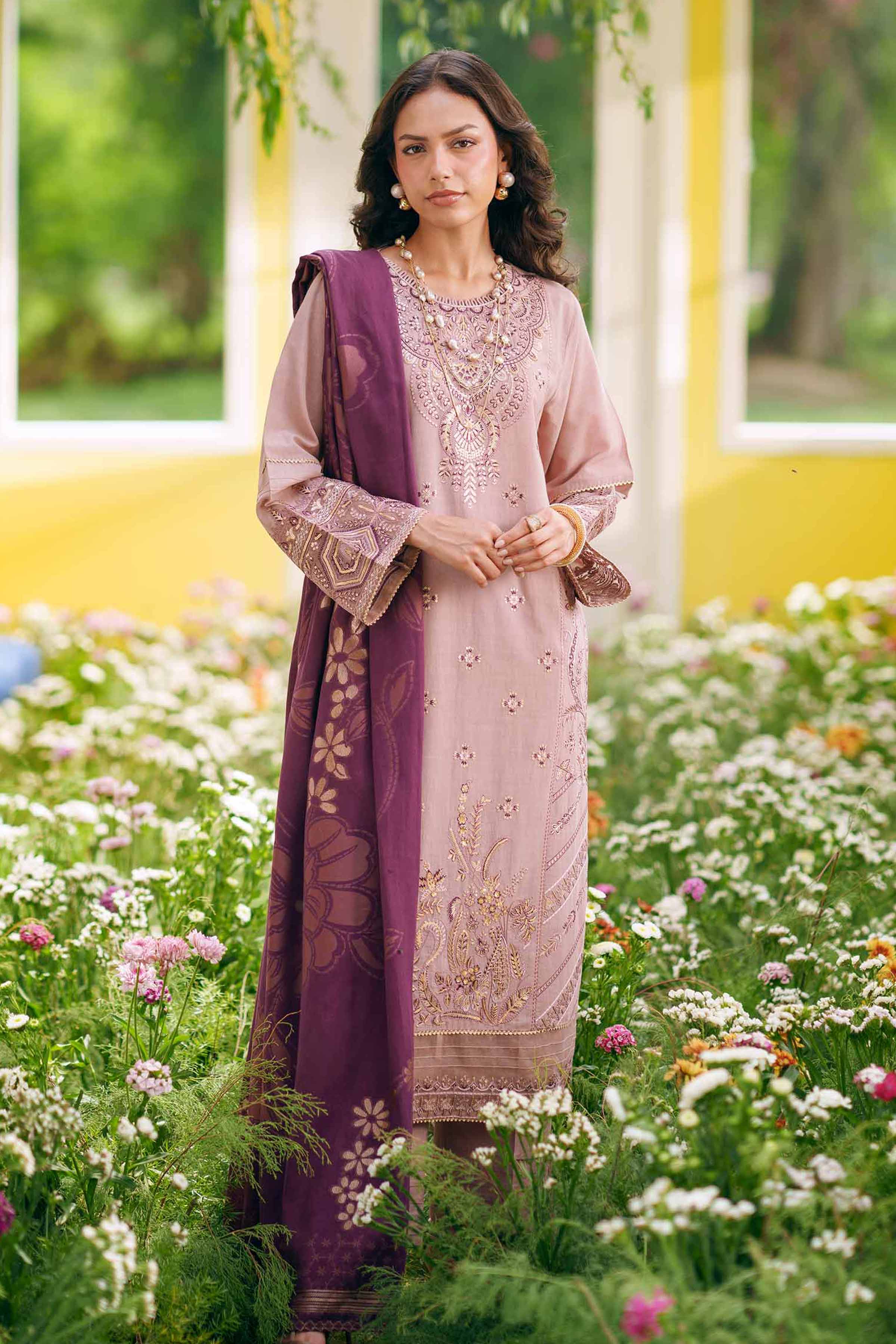 3 Piece - Embroidered Suit - PE26-76 Purple Slub 3PC Embroidered READY TO WEAR