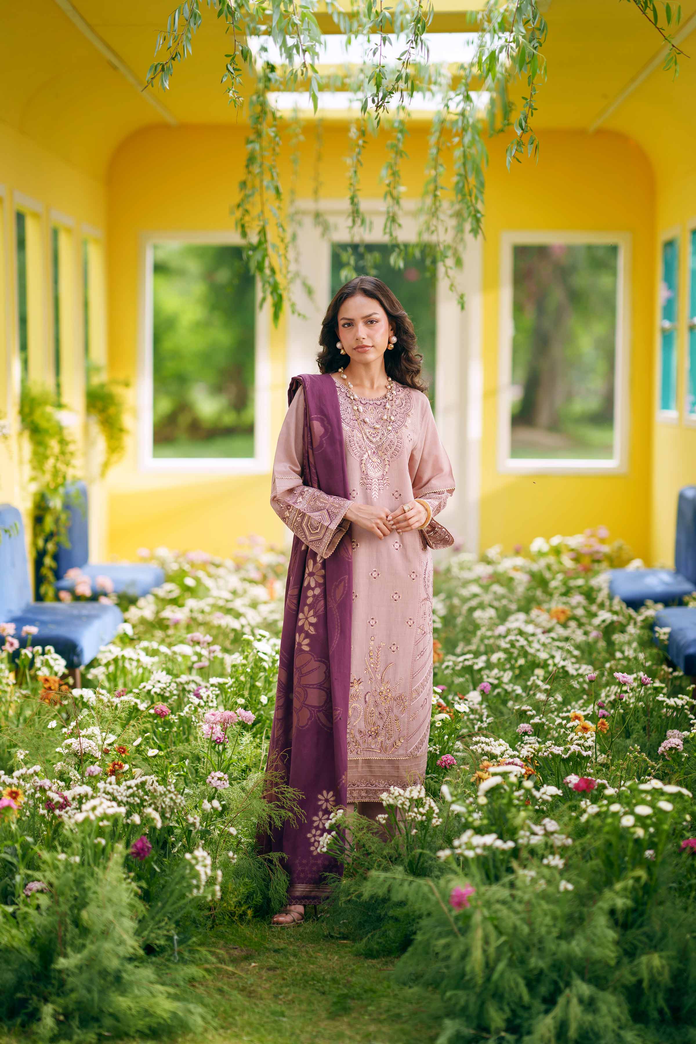 3 Piece - Embroidered Suit - PE26-76 Purple Slub 3PC Embroidered READY TO WEAR