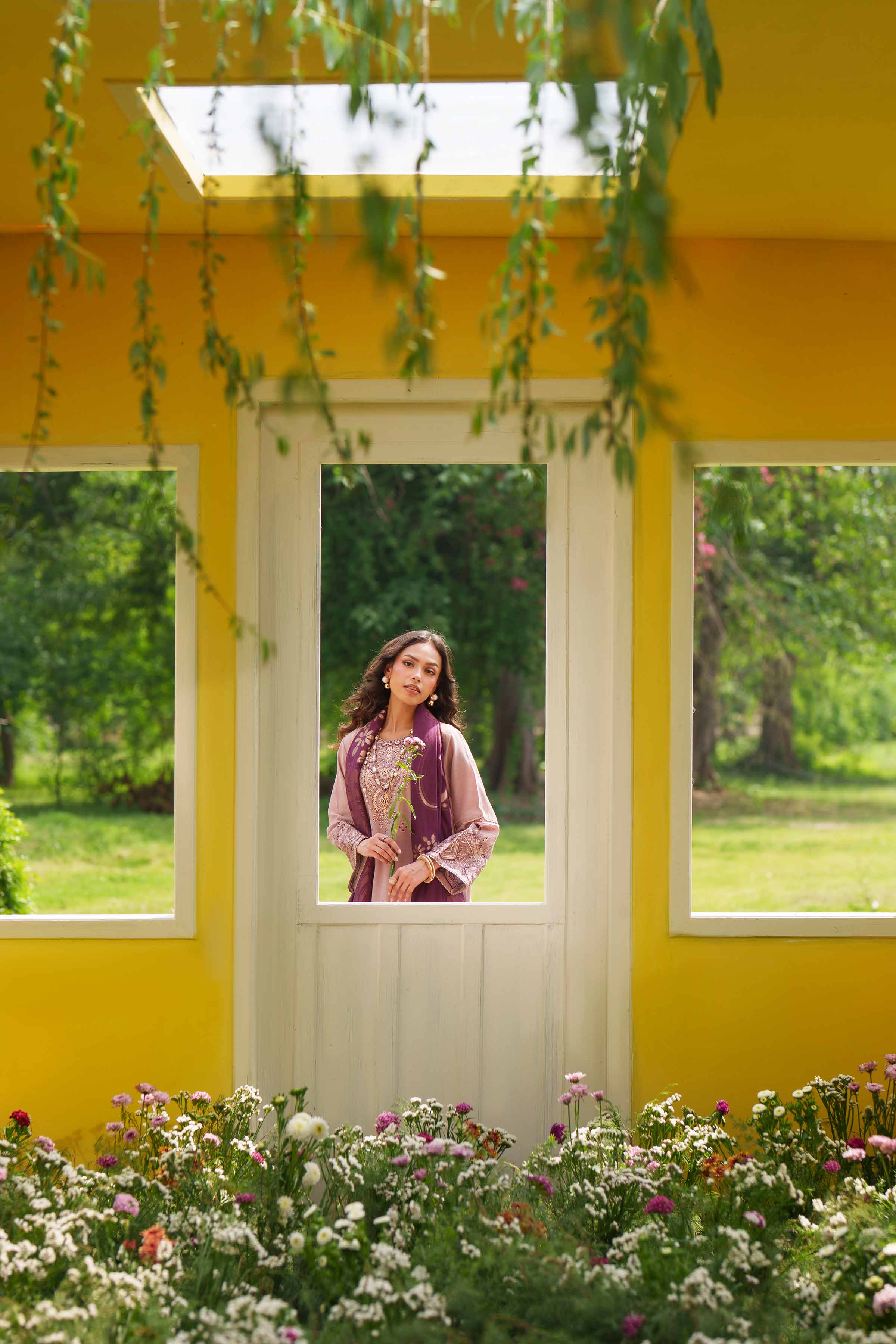 3 Piece - Embroidered Suit - PE26-76 Purple Slub 3PC Embroidered READY TO WEAR