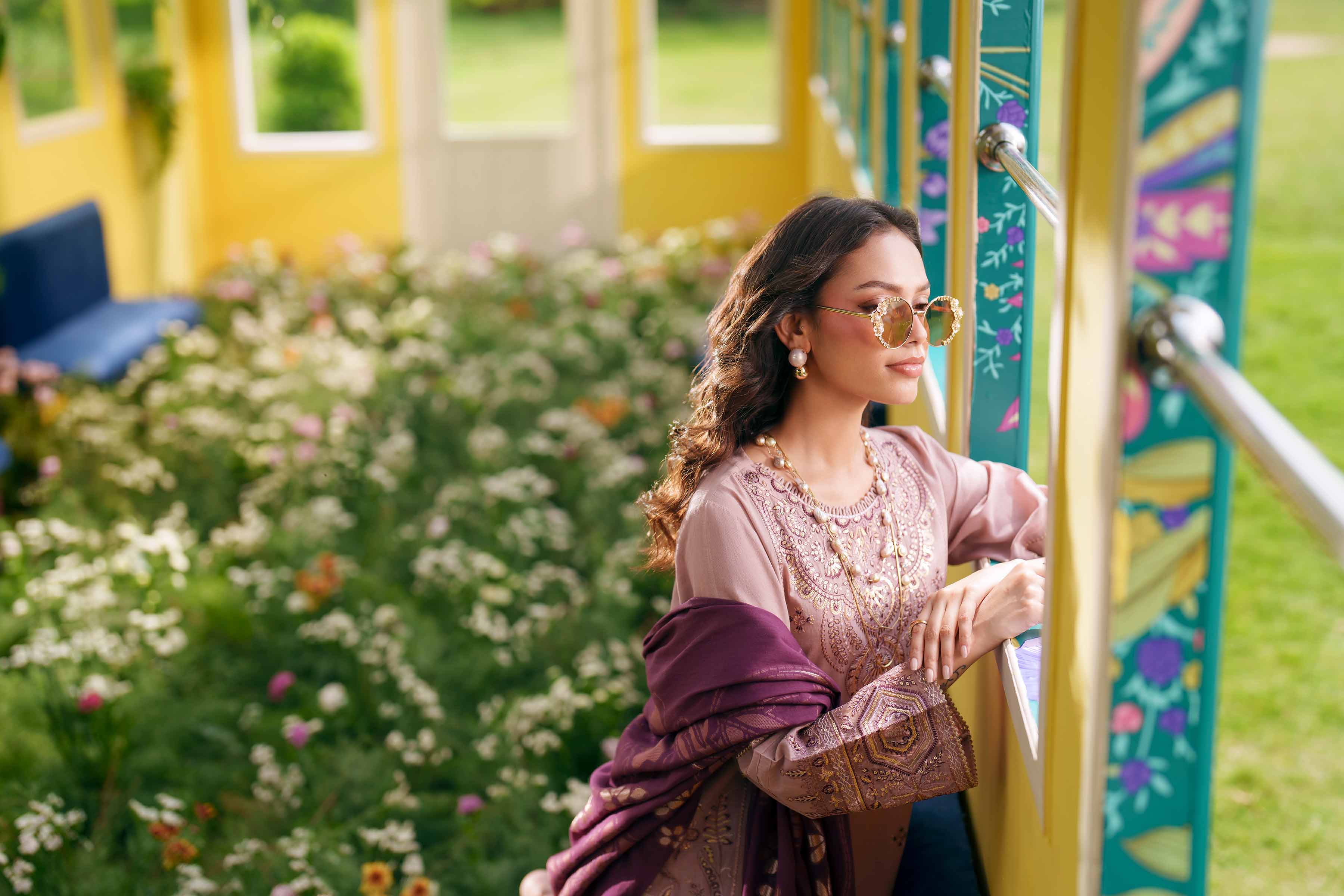 3 Piece - Embroidered Suit - PE26-76 Purple Slub 3PC Embroidered READY TO WEAR