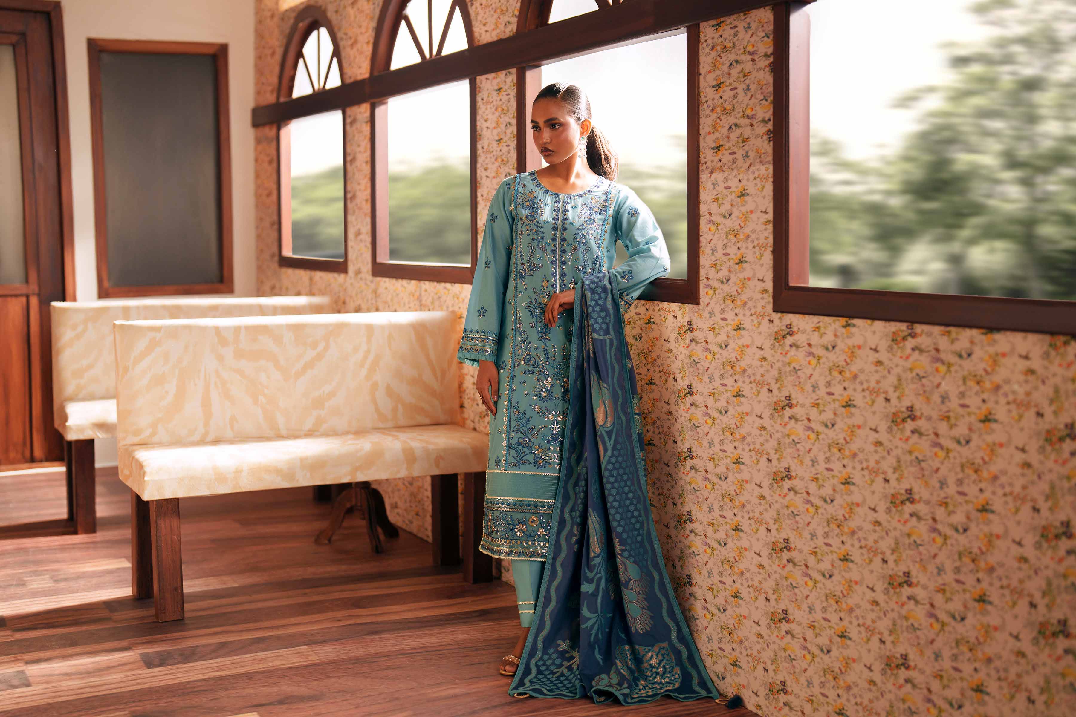 3 Piece - Embroidered Suit - PE26-77 Blue Slub 3PC Embroidered READY TO WEAR