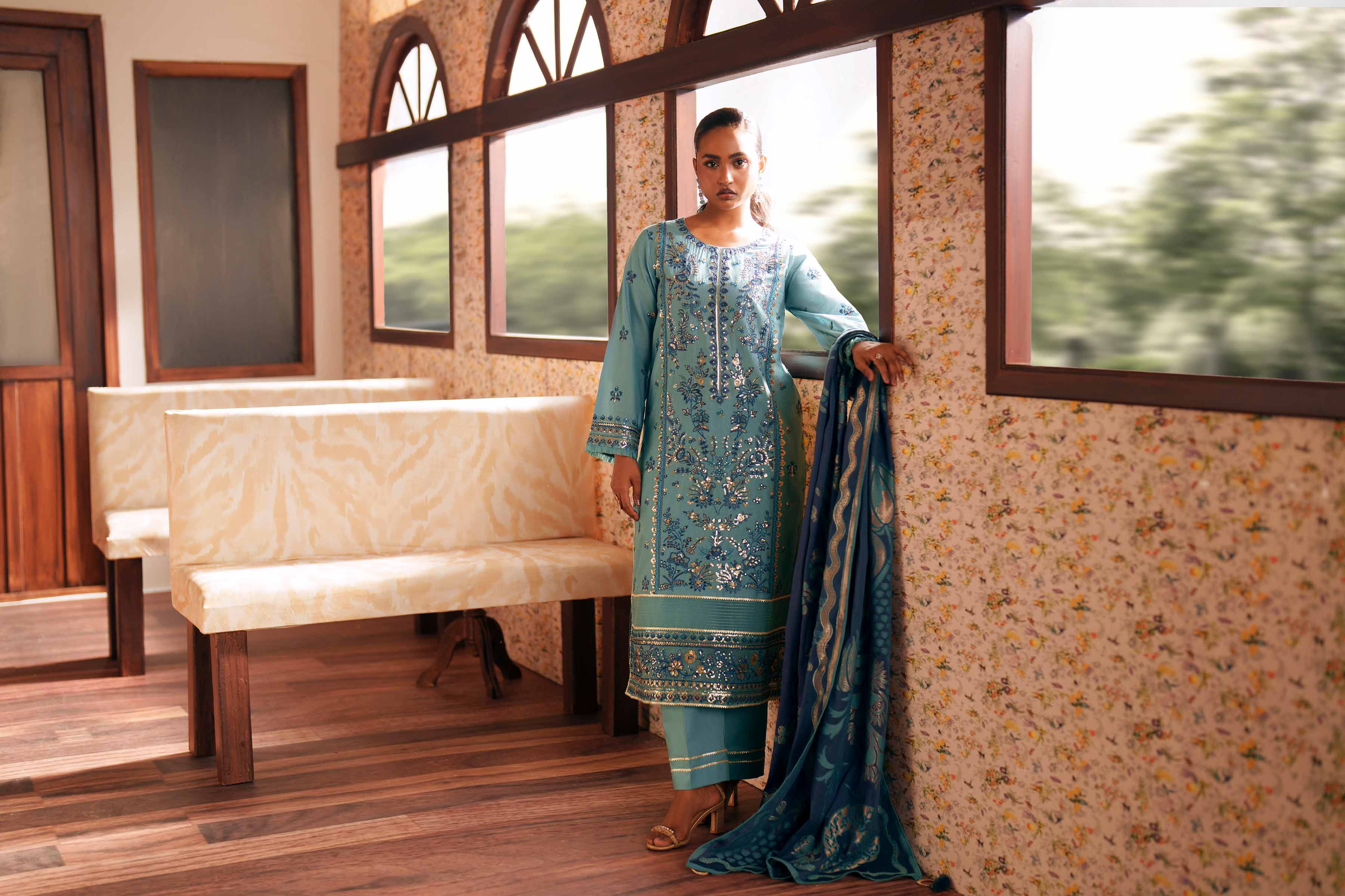 3 Piece - Embroidered Suit - PE26-77 Blue Slub 3PC Embroidered READY TO WEAR