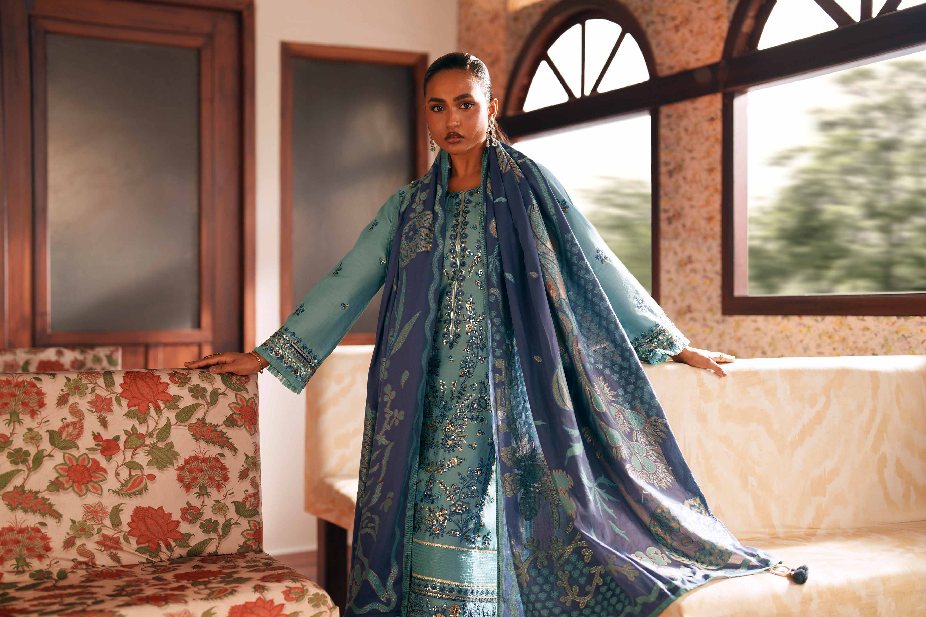 3 Piece - Embroidered Suit - PE26-77 Blue Slub 3PC Embroidered READY TO WEAR