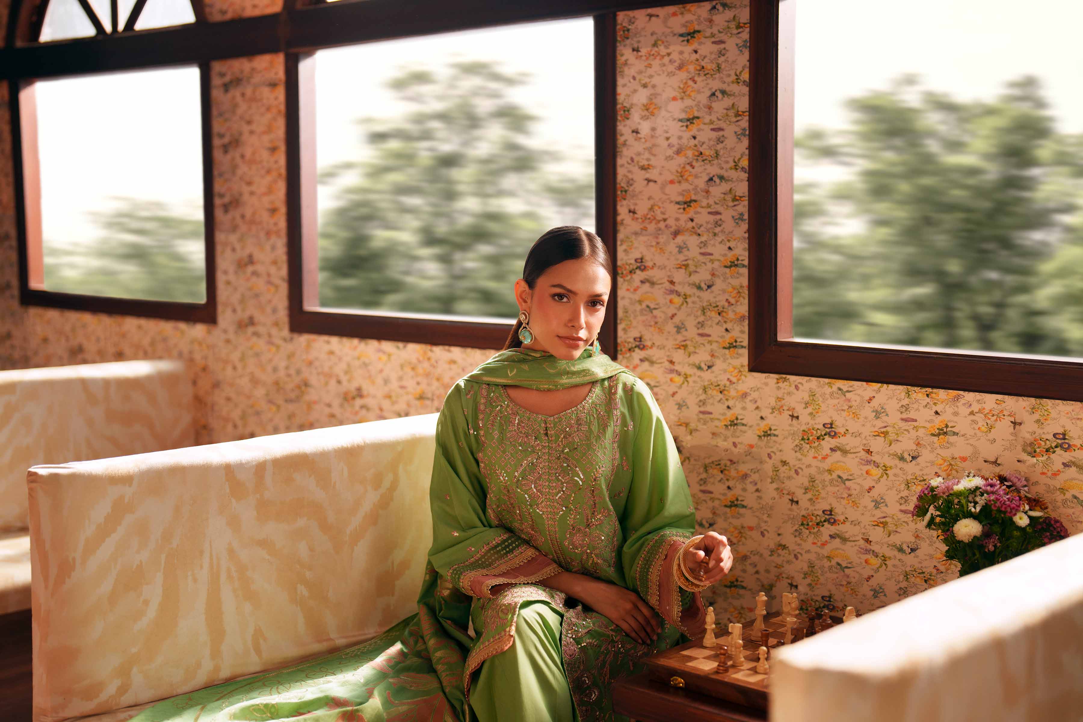 3 Piece - Embroidered Suit - PE26-78 Green Slub 3PC Embroidered READY TO WEAR