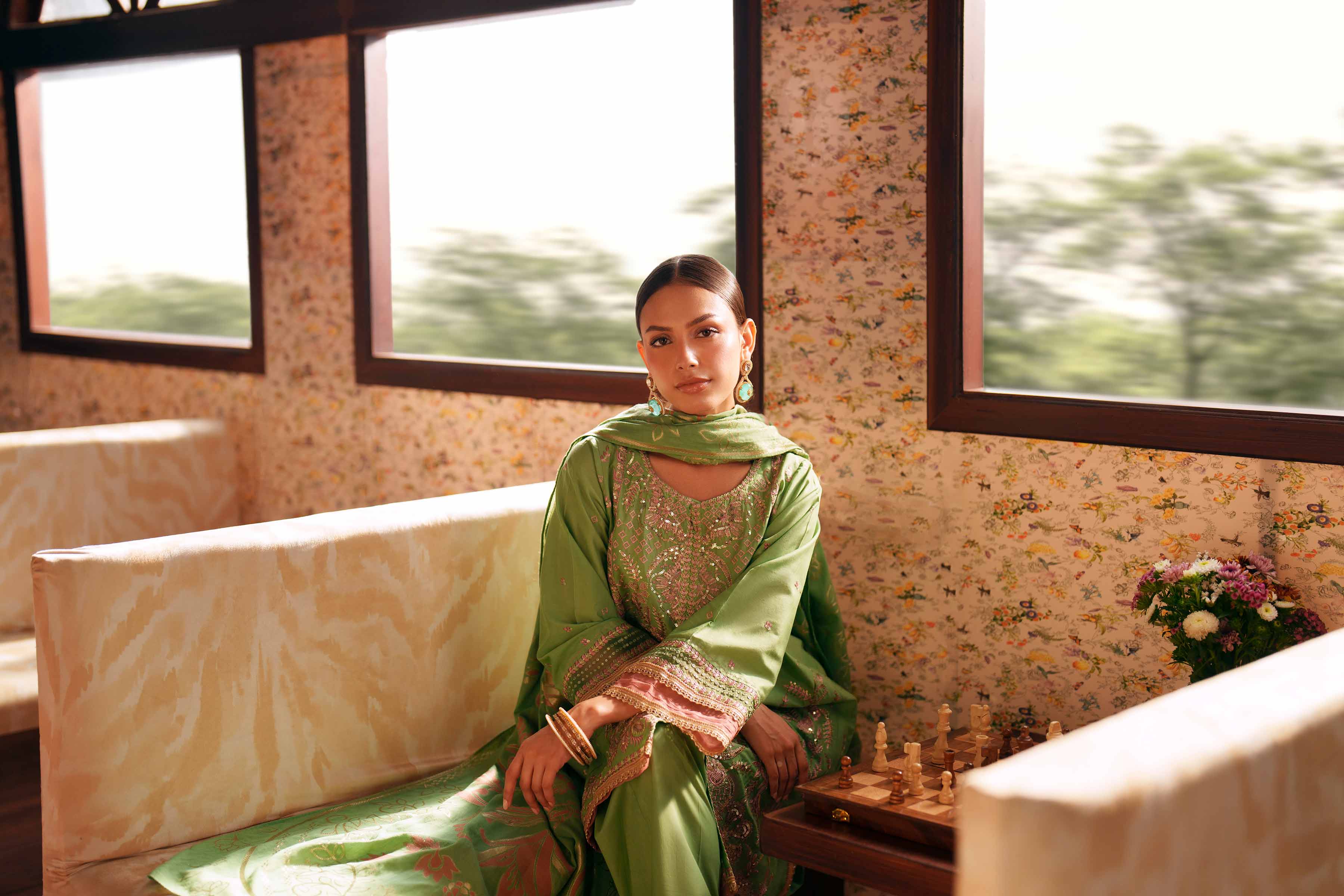 3 Piece - Embroidered Suit - PE26-78 Green Slub 3PC Embroidered READY TO WEAR