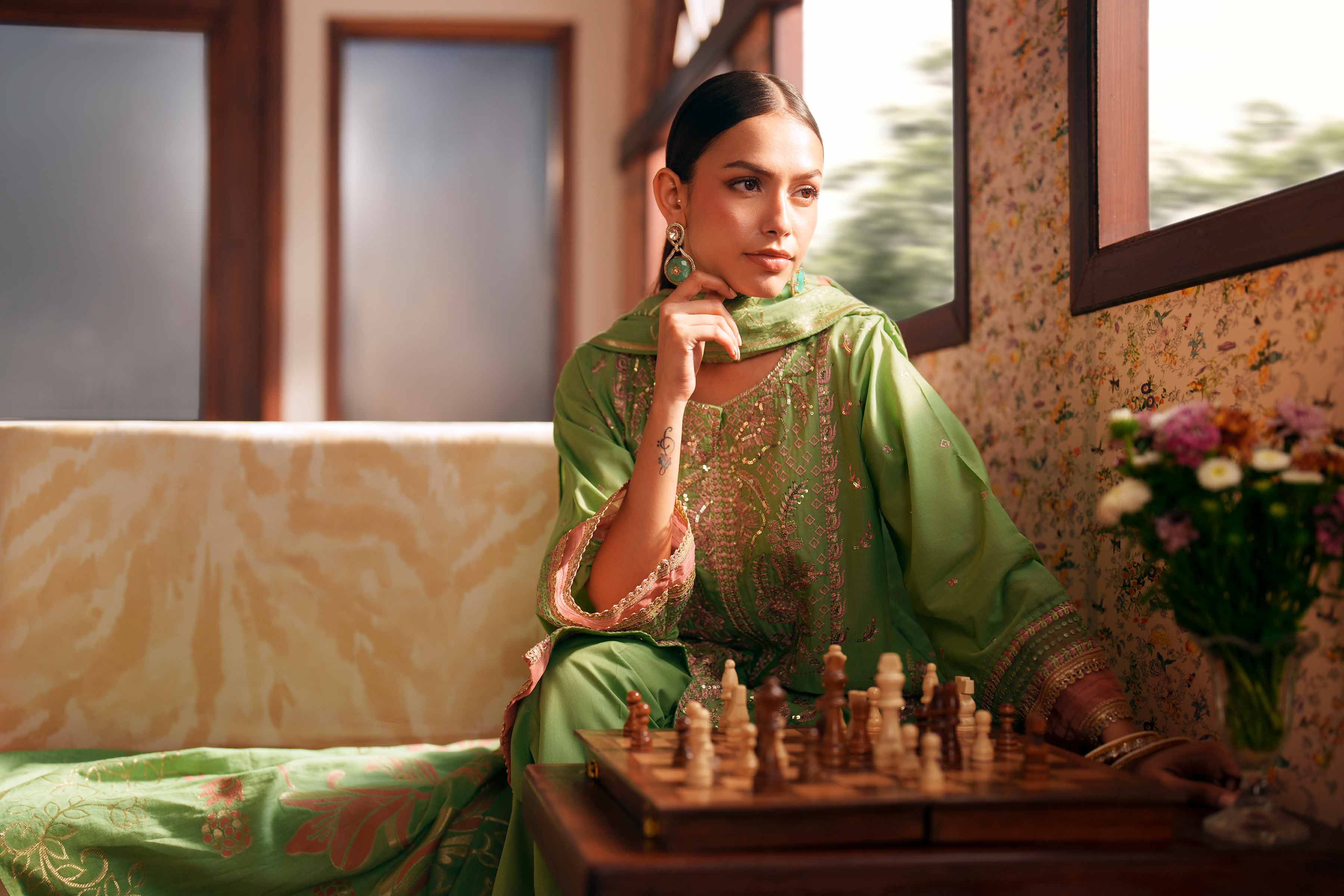 3 Piece - Embroidered Suit - PE26-78 Green Slub 3PC Embroidered READY TO WEAR