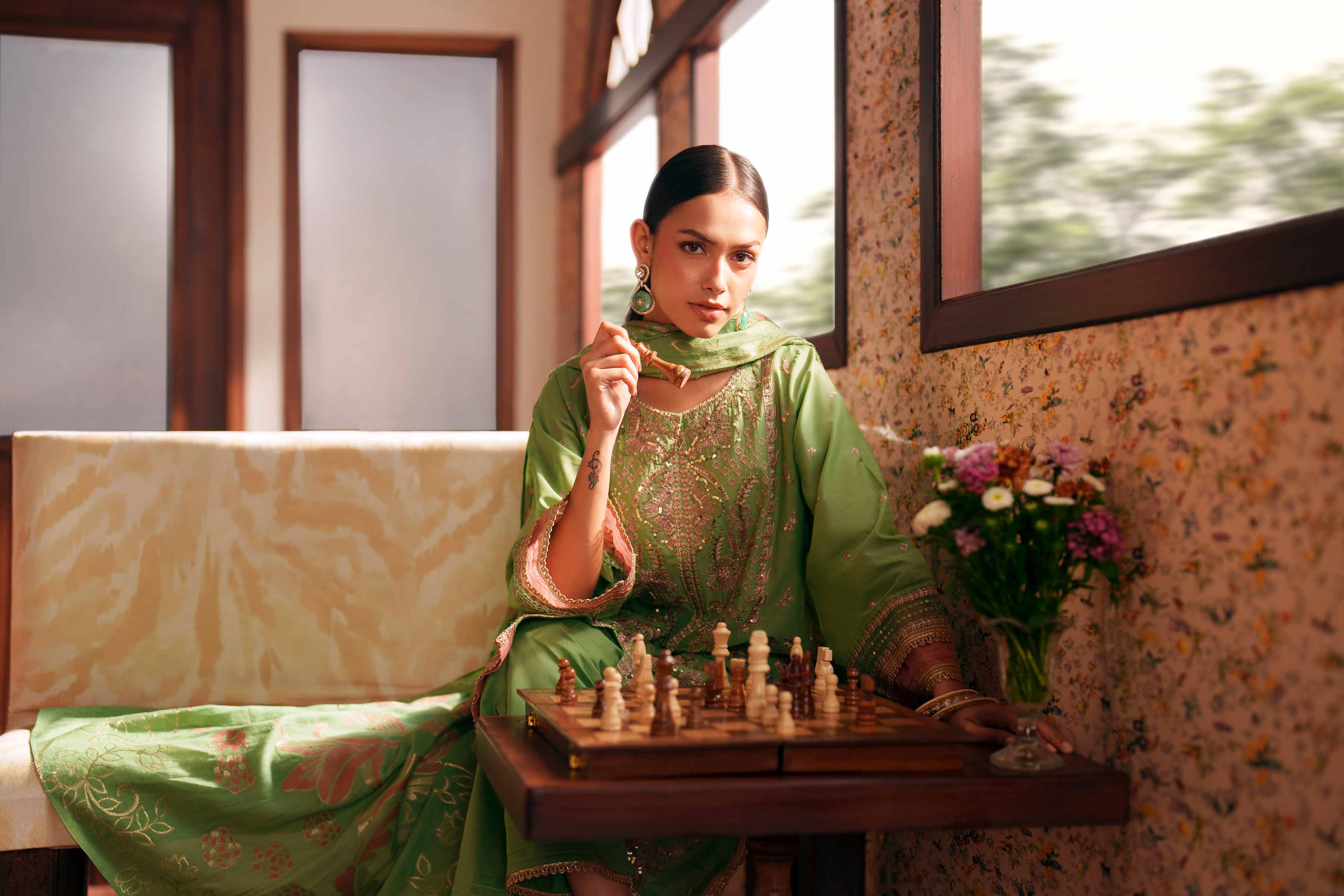 3 Piece - Embroidered Suit - PE26-78 Green Slub 3PC Embroidered READY TO WEAR