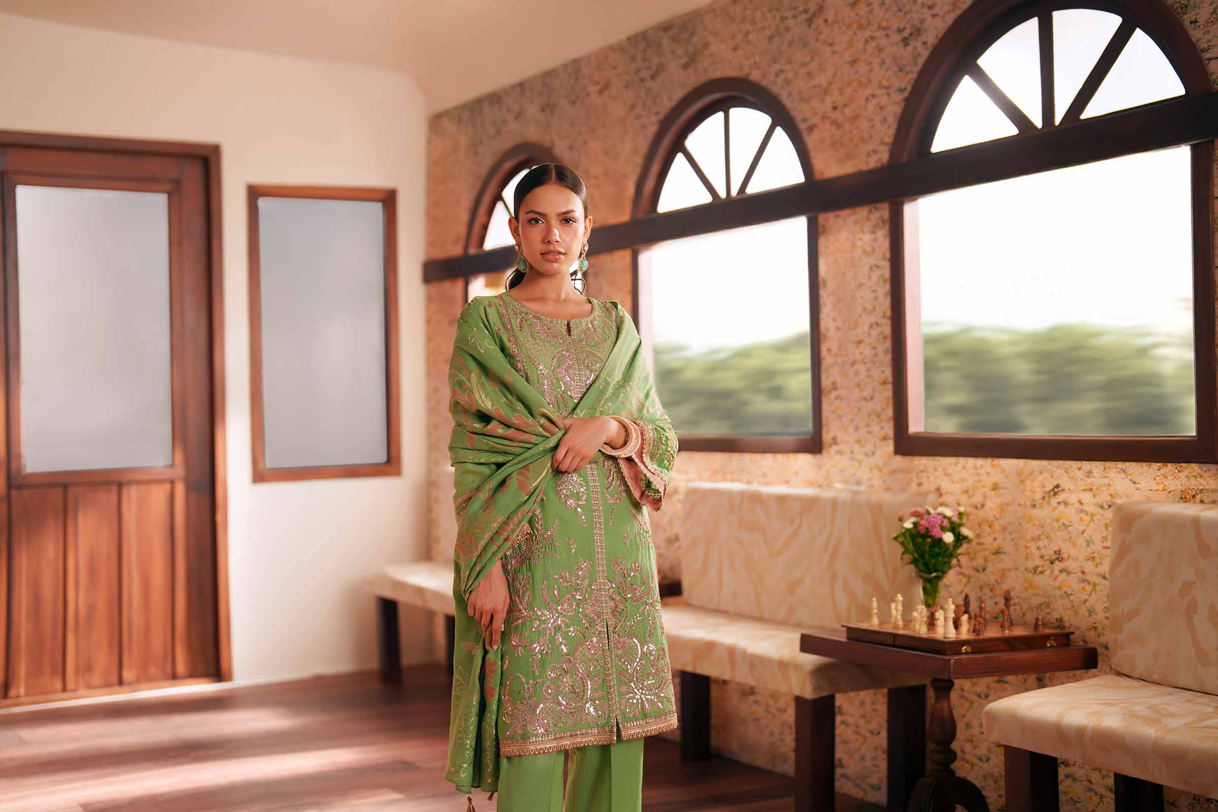 3 Piece - Embroidered Suit - PE26-78 Green Slub 3PC Embroidered READY TO WEAR