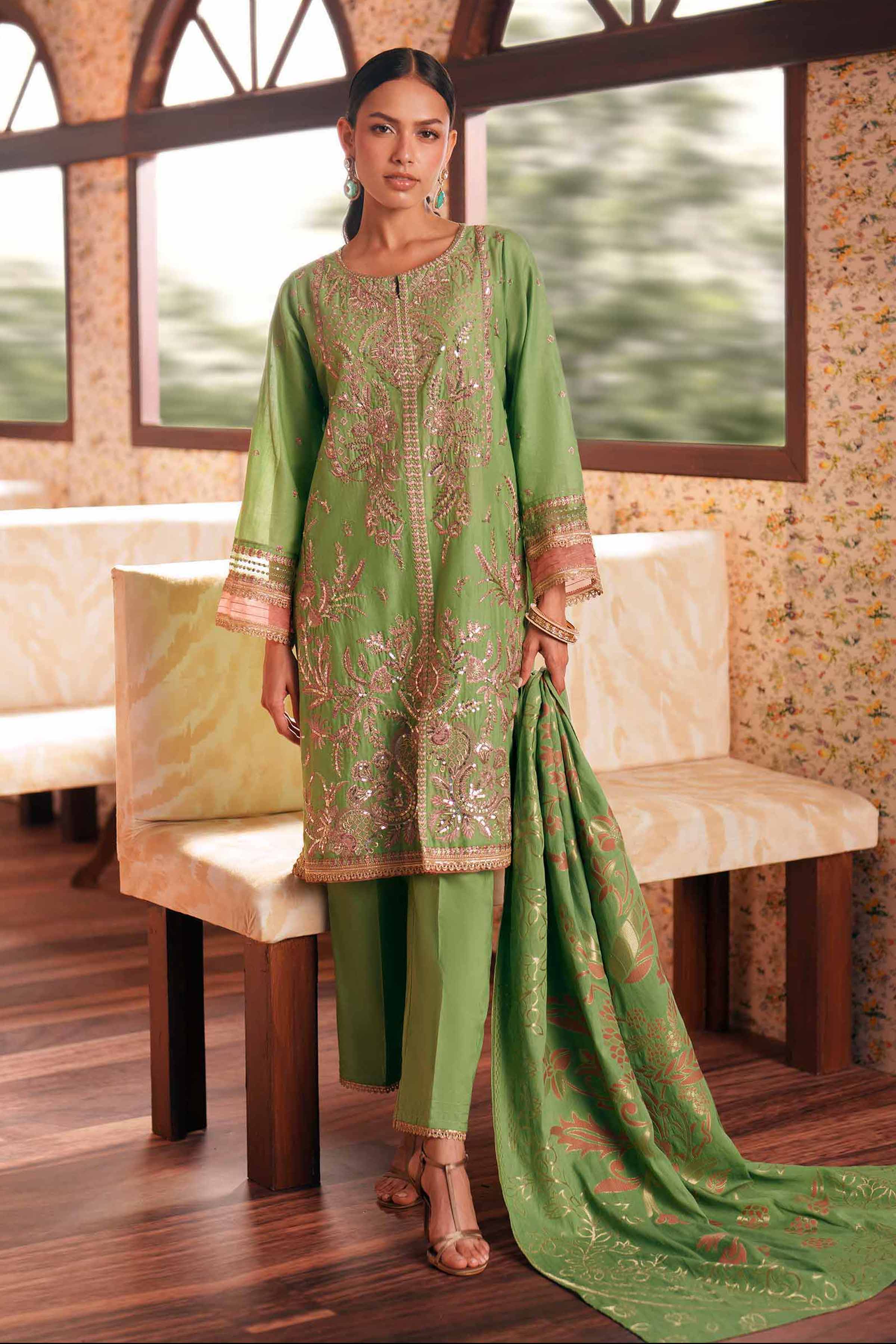 3 Piece - Embroidered Suit - PE26-78 Green Slub 3PC Embroidered READY TO WEAR