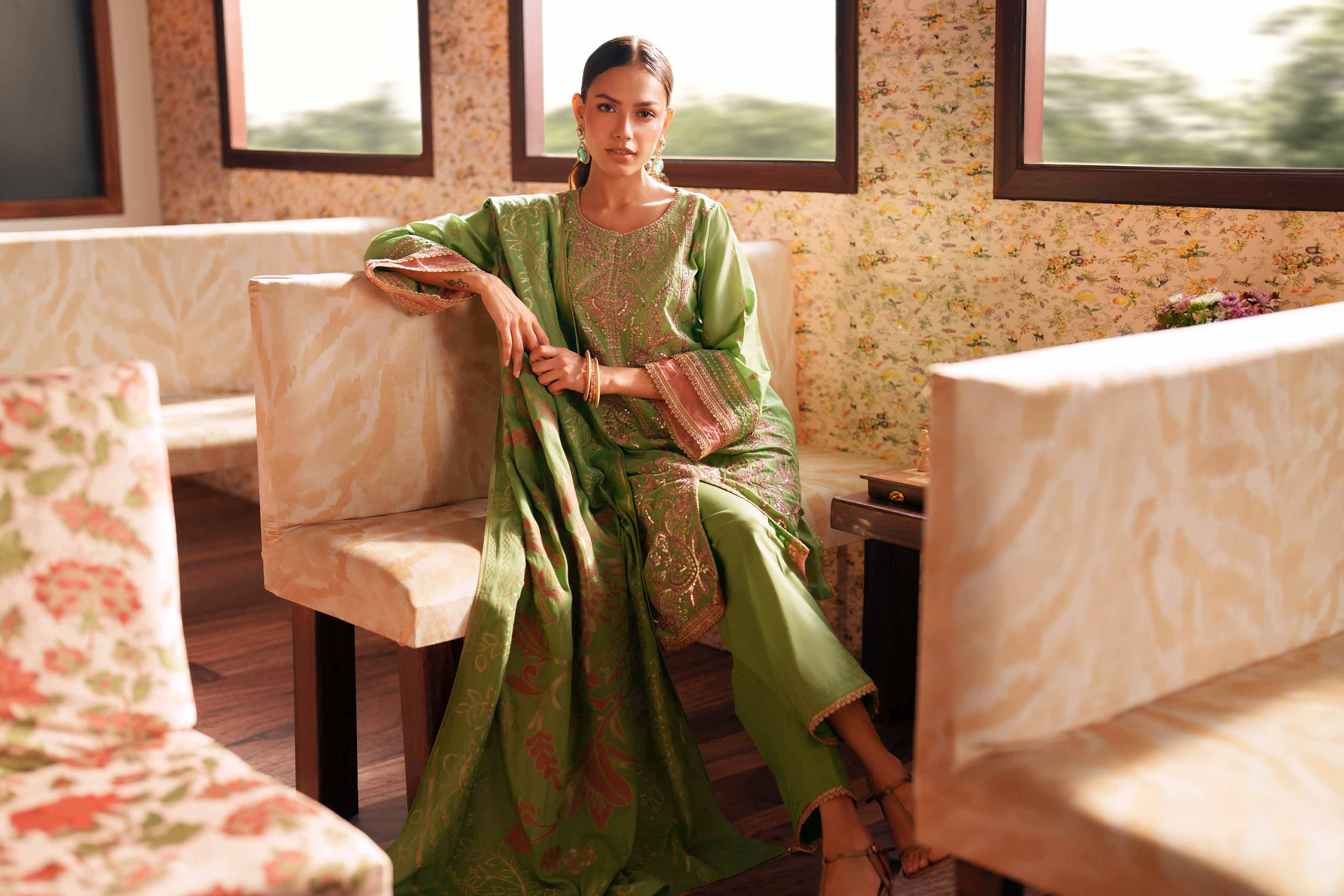 3 Piece - Embroidered Suit - PE26-78 Green Slub 3PC Embroidered READY TO WEAR