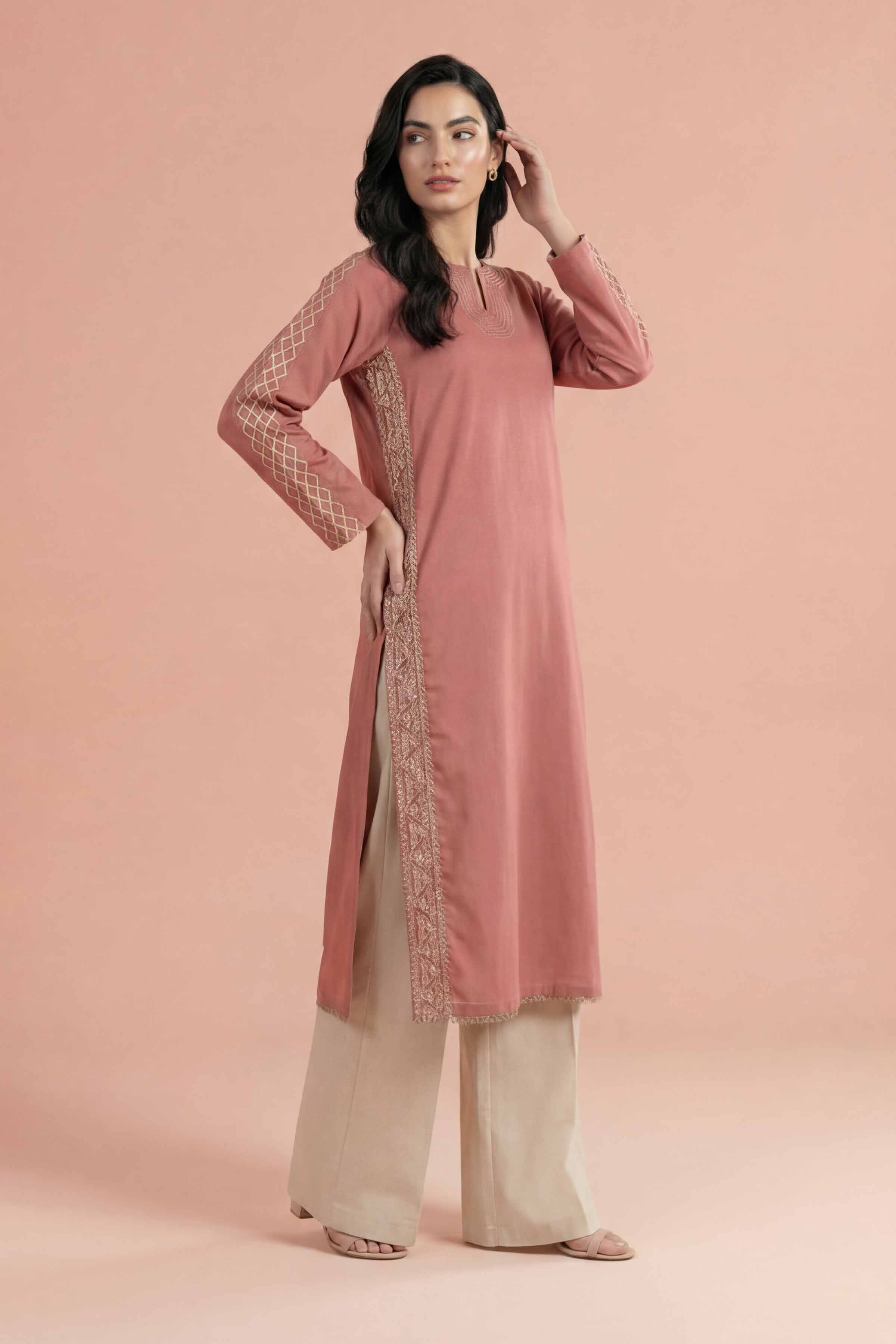 Embroidered Shirt - PE26-98 Brown Yarn Dyed 1PC Embroidered