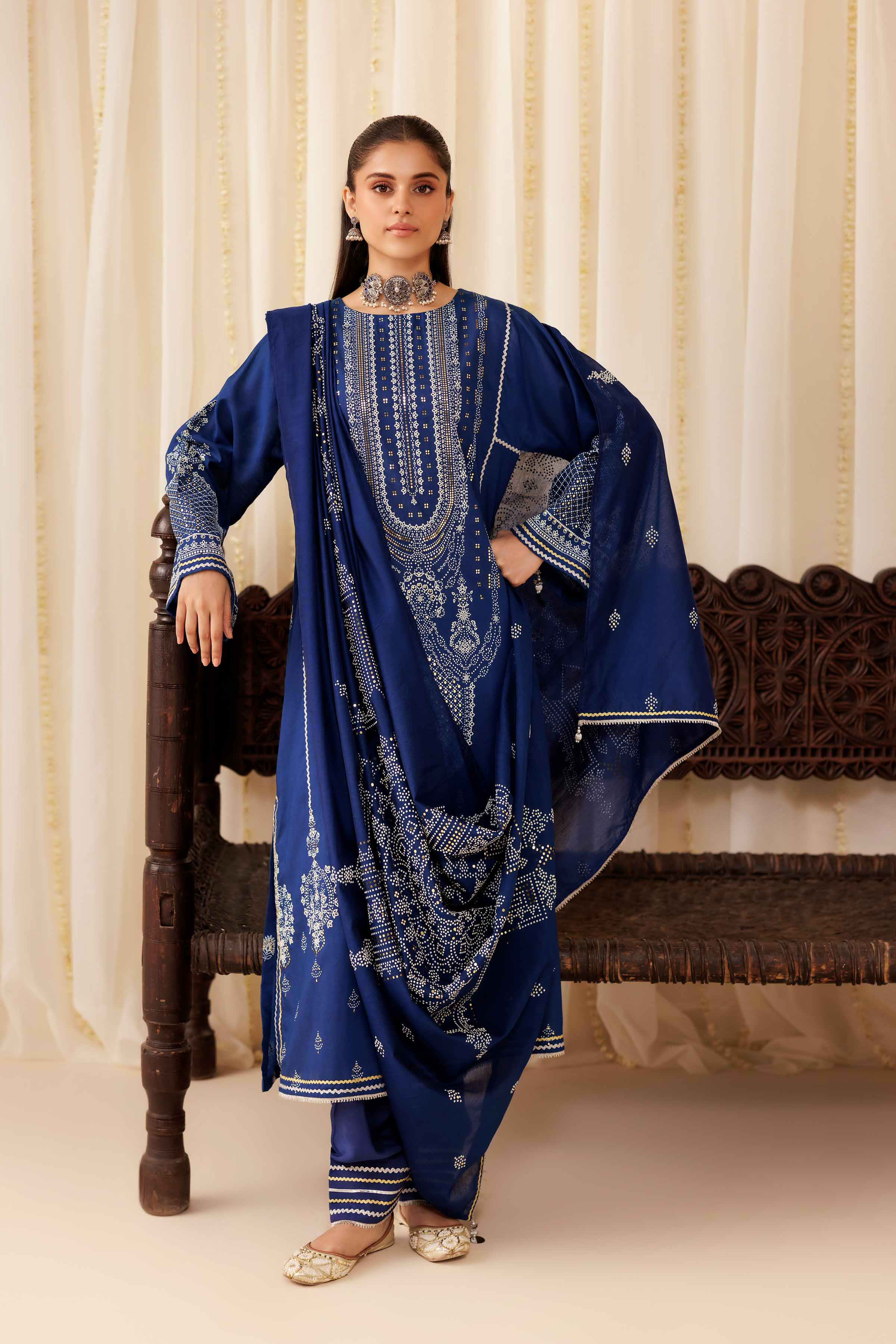NISHATUAE - Blue Solids Mukesh 3-piece Ready to wear Suit