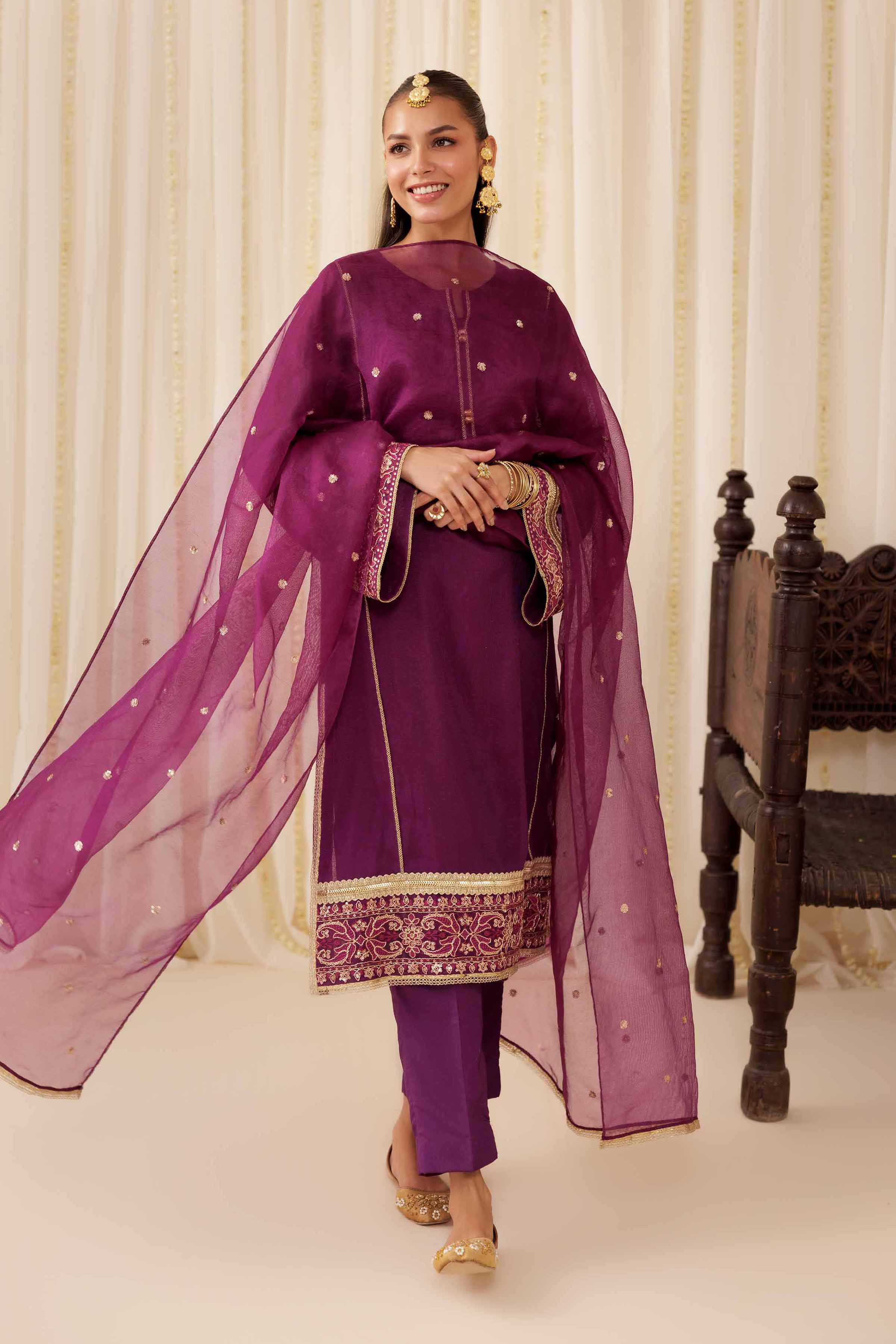 NISHATUAE - Purple Embroidered Cotton 3-piece Ready to wear Suit