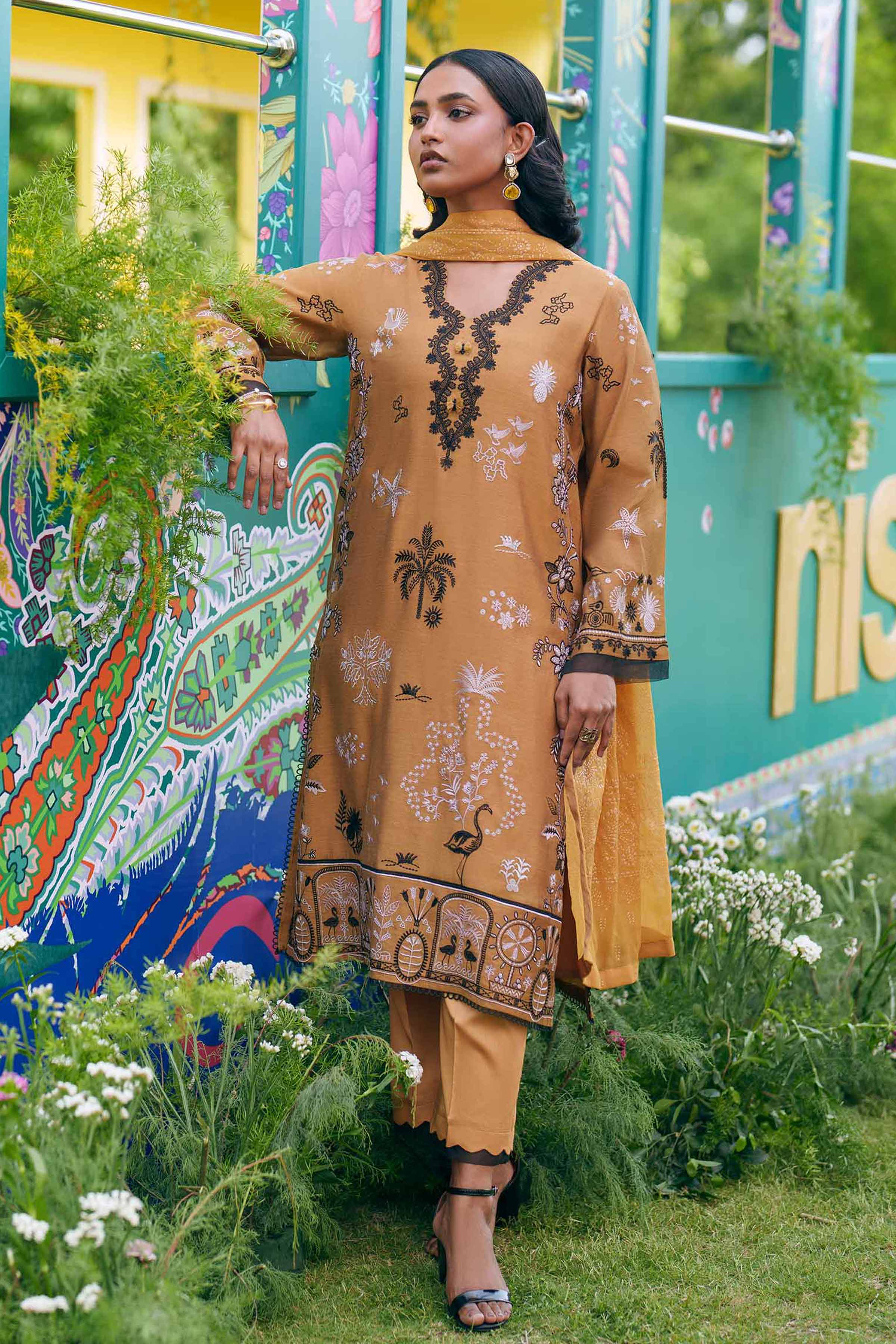 3 Piece - Embroidered Suit - PFE26-31 Yellow Cotton Embroidered A-Line shirt