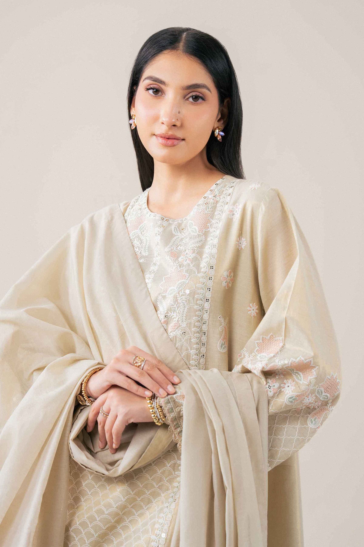 Ivory 3-Piece Embroidered Suit in Yarn Dyed ready-to-wear