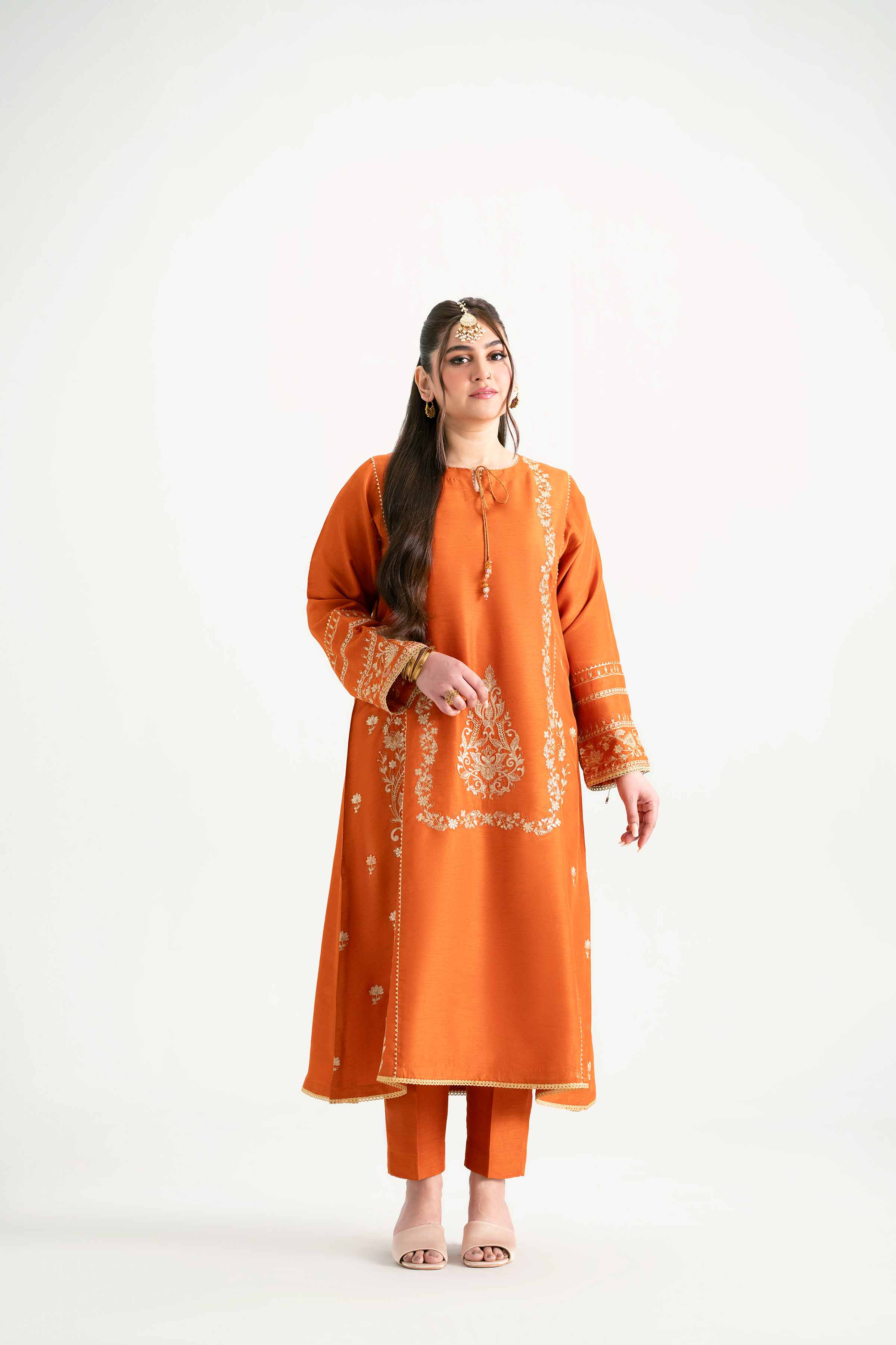 NISHATUAE - Orange Embroidered Raw Silk 2-piece Ready to wear Dress