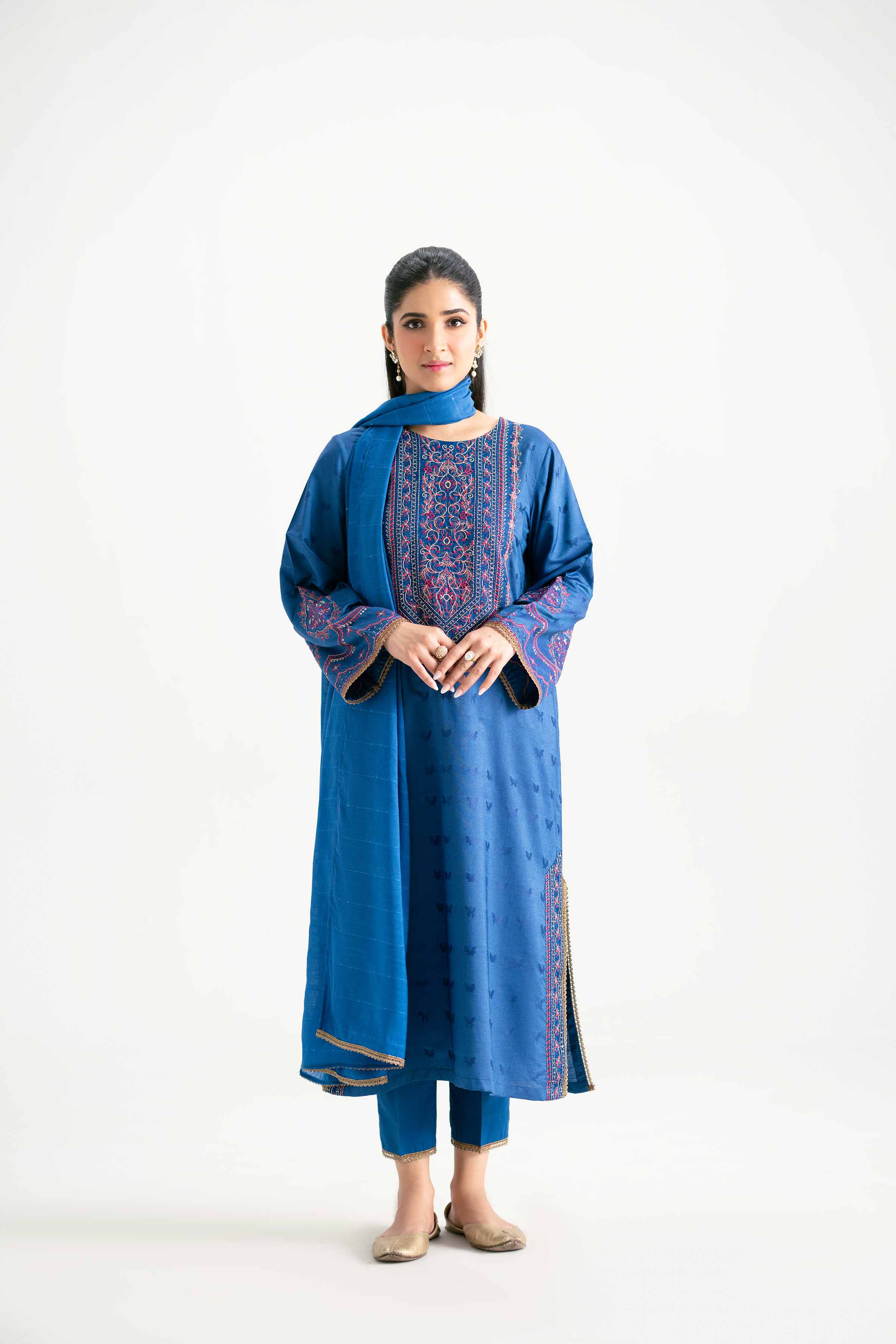 NISHATUAE - Blue Embroidered Jacquard 3-piece Ready to wear Suit