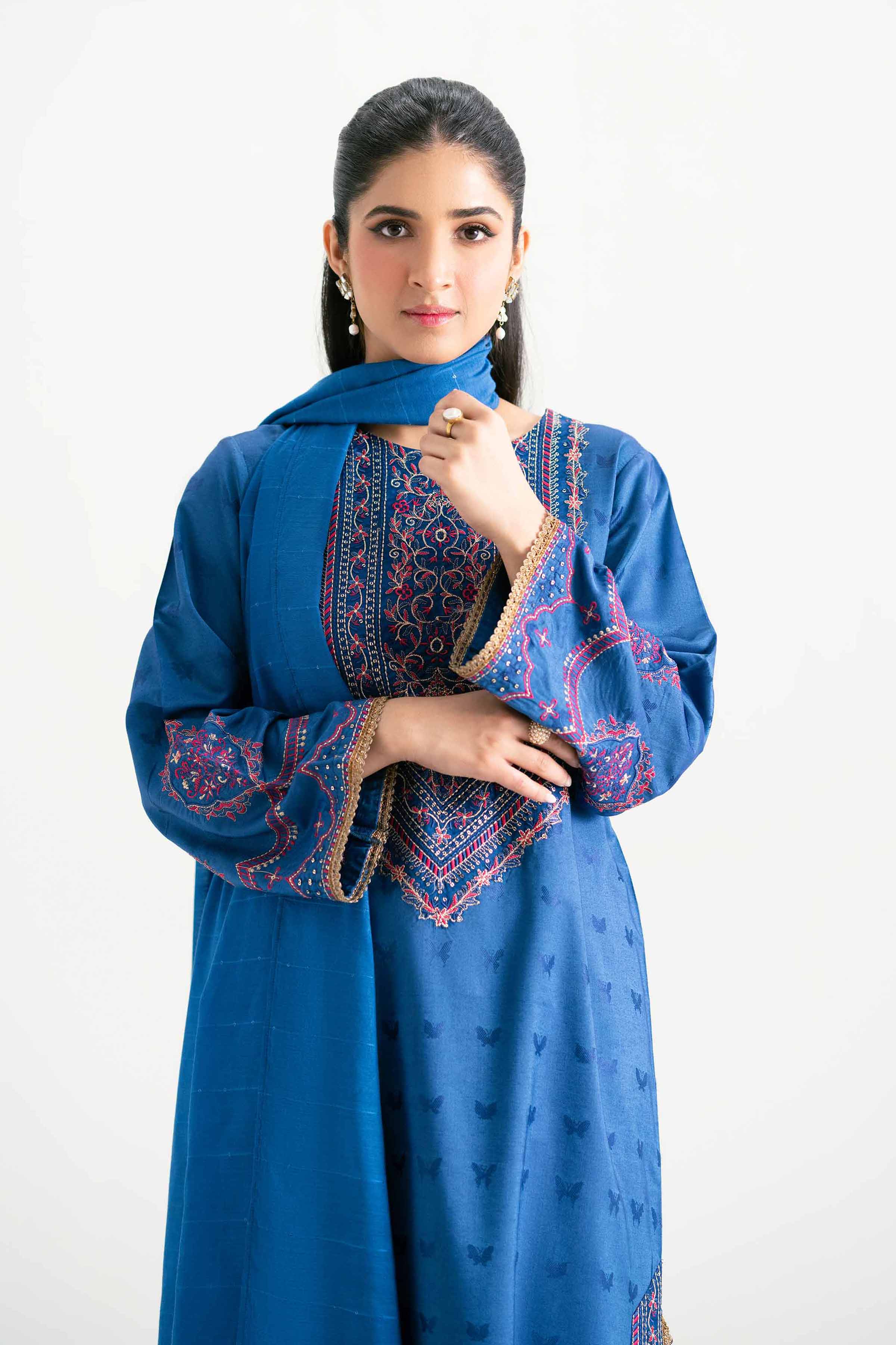 NISHATUAE - Blue Embroidered Jacquard 3-piece Ready to wear Suit