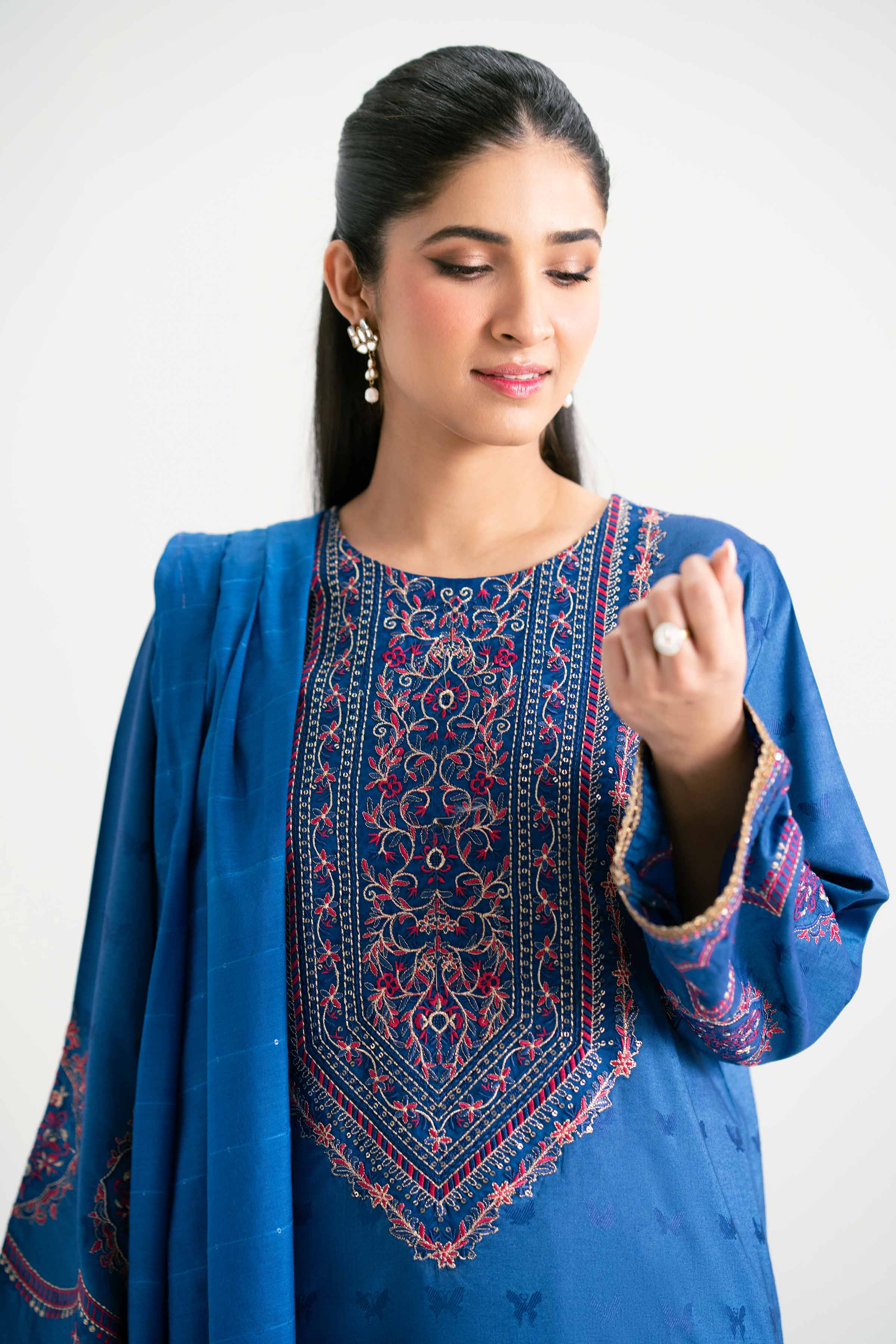 NISHATUAE - Blue Embroidered Jacquard 3-piece Ready to wear Suit