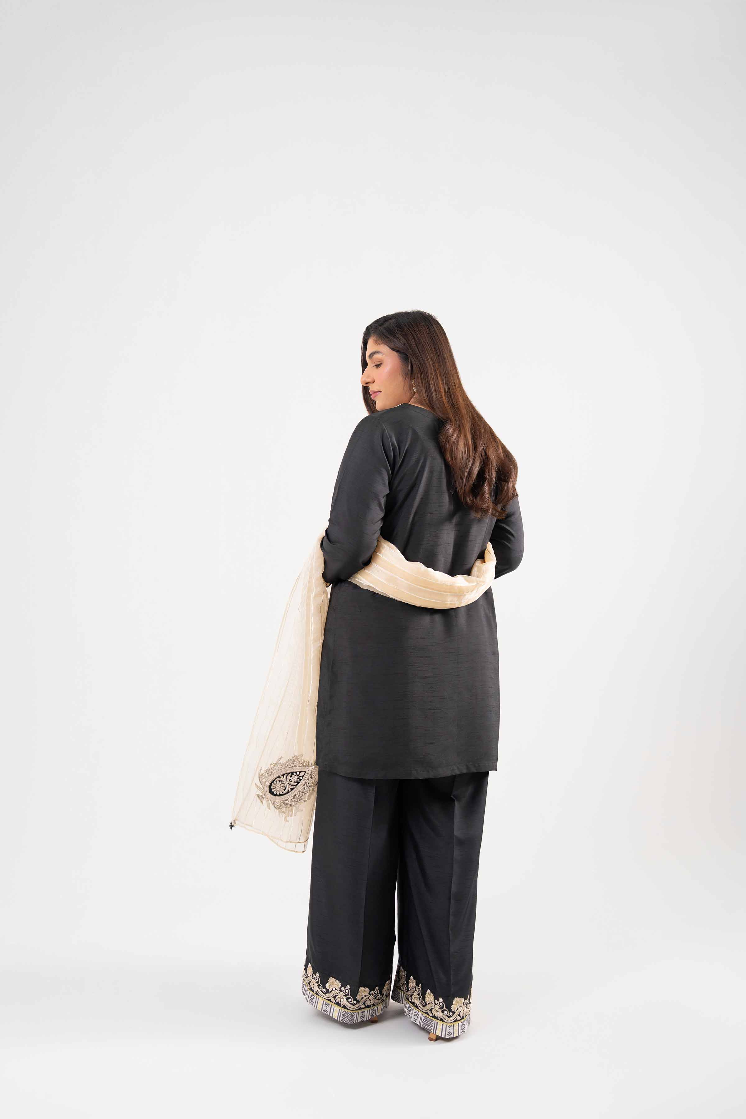 NISHATUAE - Black Embroidered Raw Silk 3-piece Ready to wear Suit