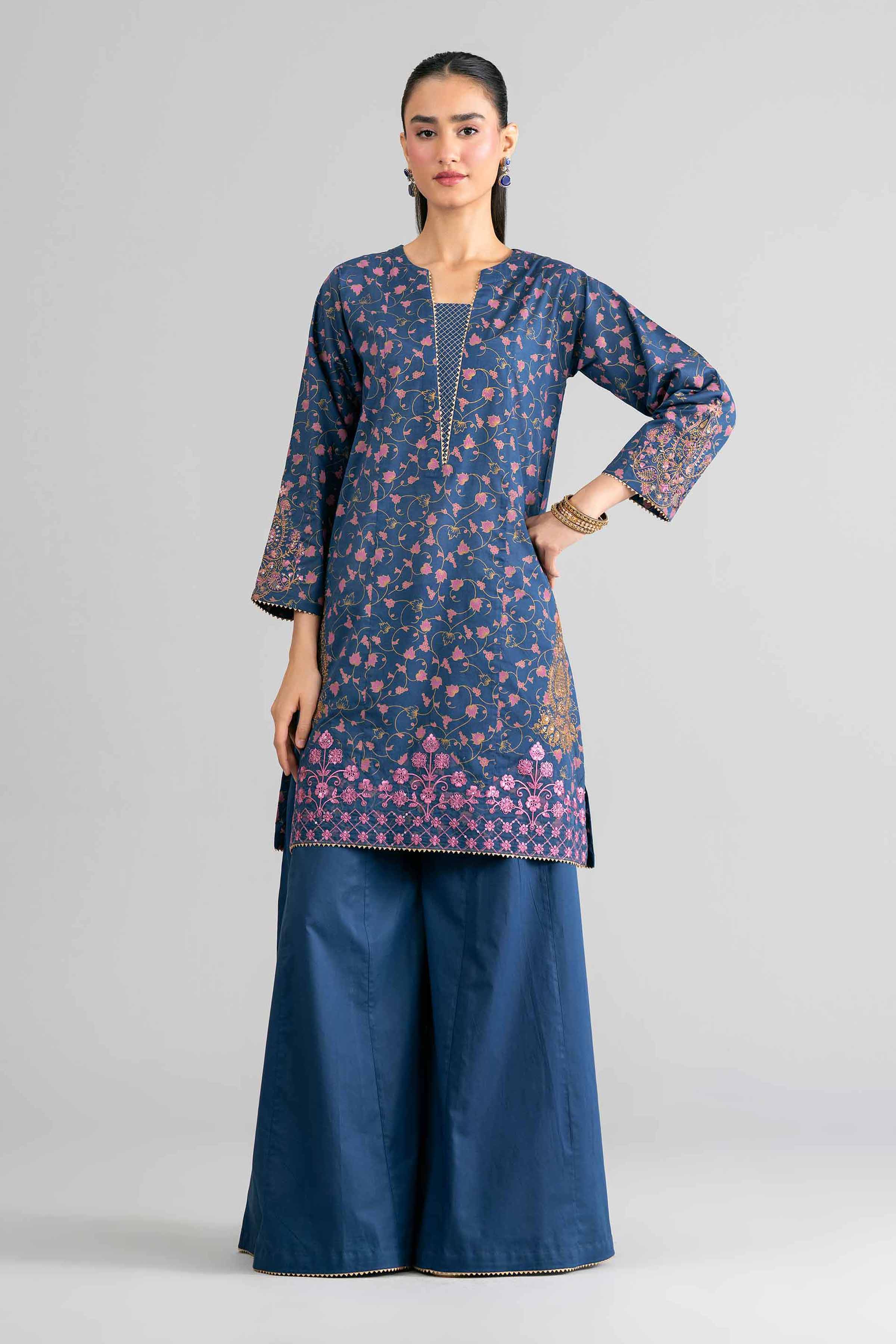 2 Piece - Printed Embroidered Suit - PMD26-04 M Blue Lawn Embroidered