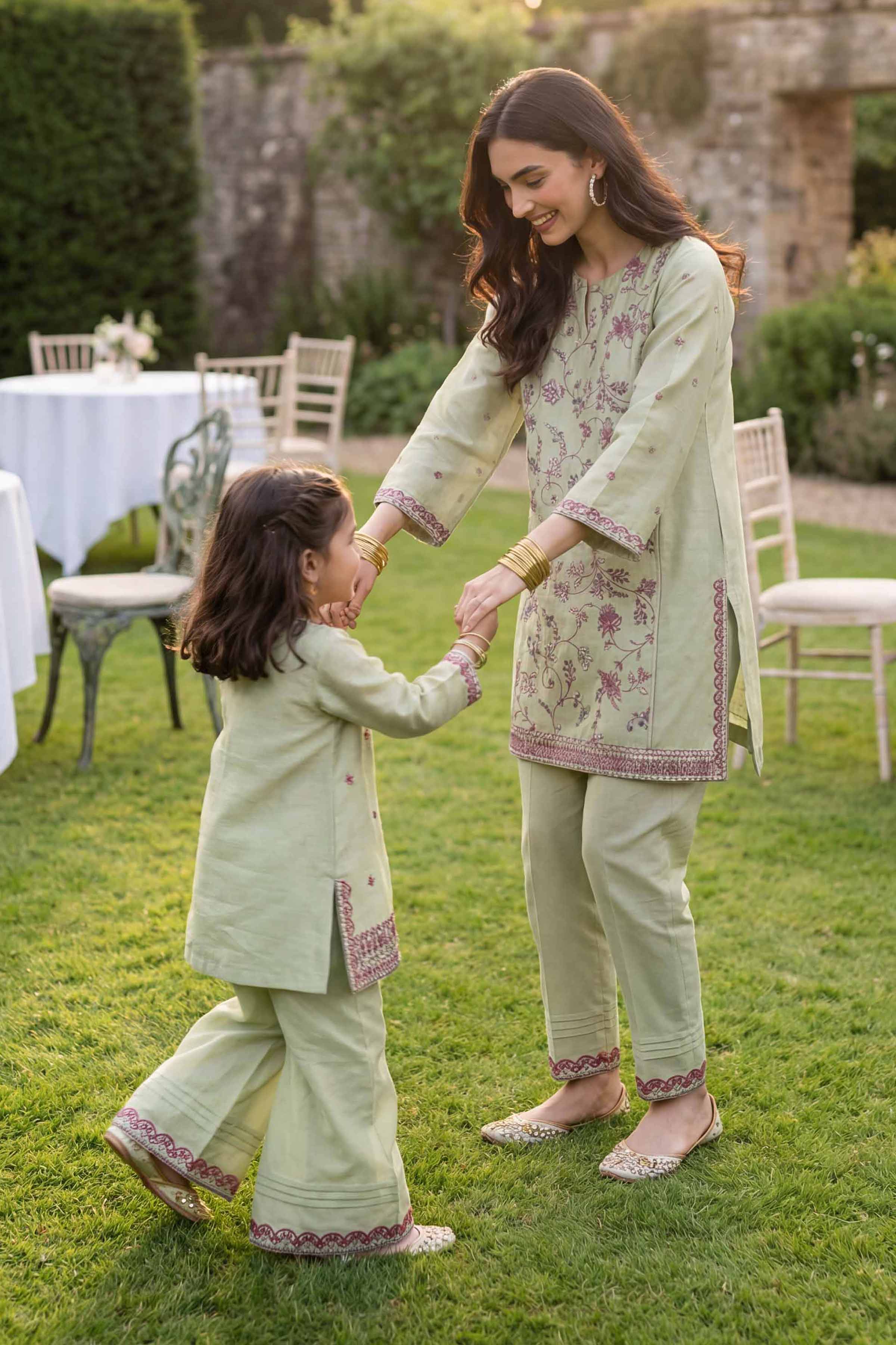 2 Piece - Embroidered Suit - PMD26-17 M Green Cotton 2PC Embroidered READY TO WEAR