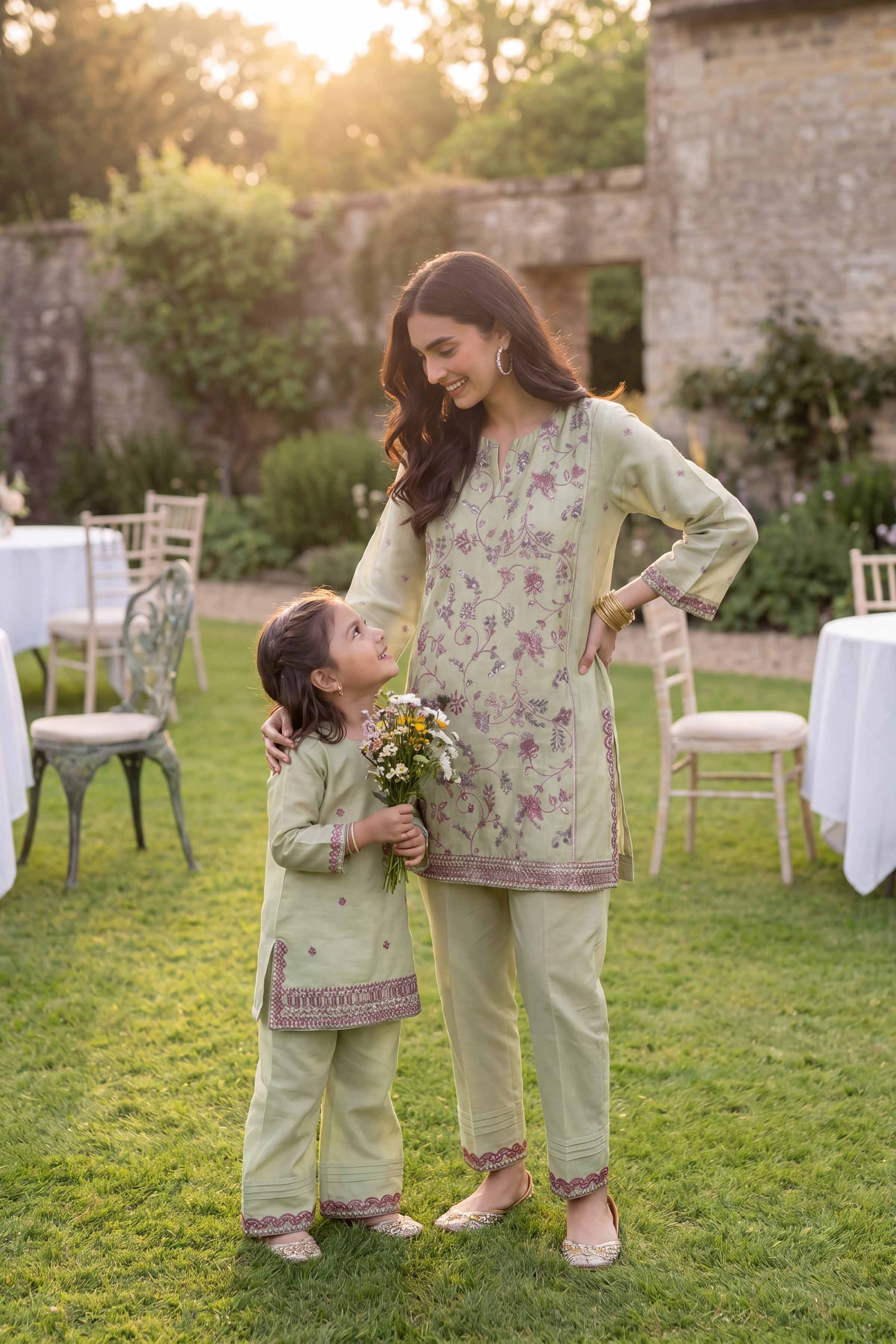 2 Piece - Embroidered Suit - PMD26-17 D Green Cotton 2PC Embroidered READY TO WEAR