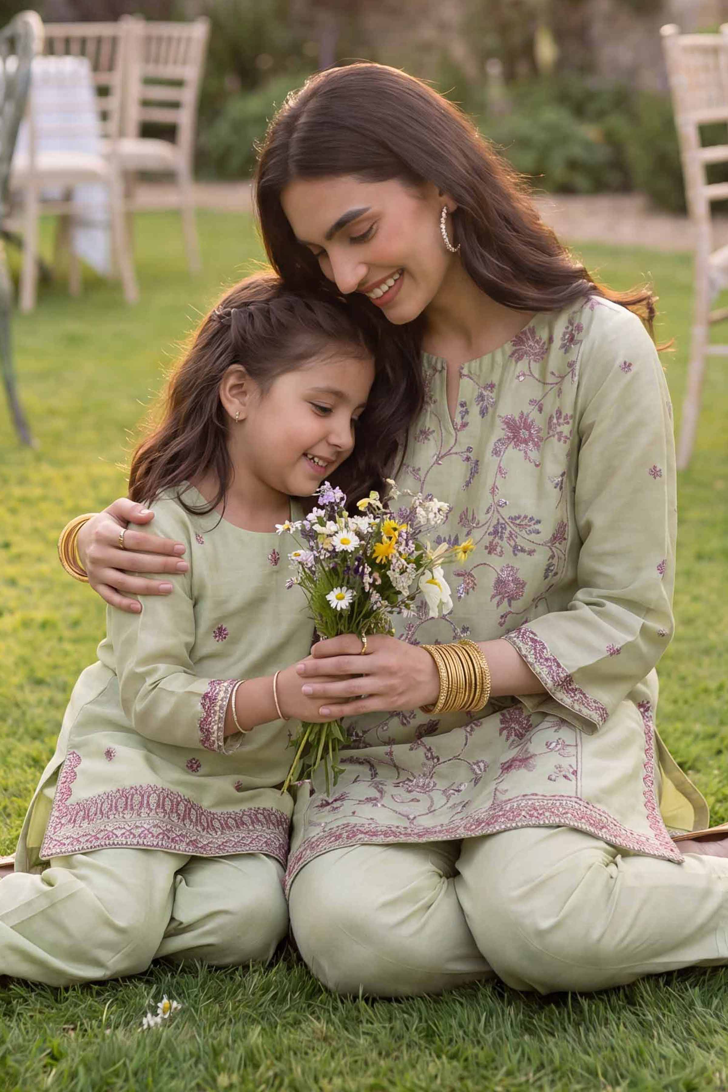 2 Piece - Embroidered Suit - PMD26-17 M Green Cotton 2PC Embroidered READY TO WEAR