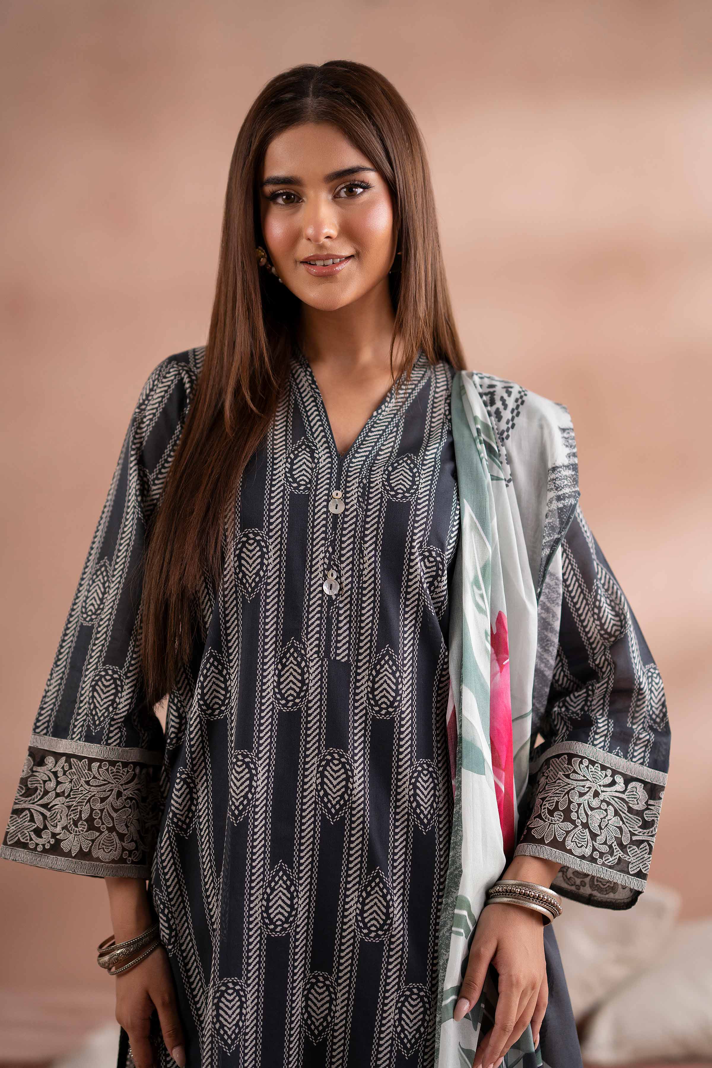 3 Piece - Printed Embroidered Suit - PS25-171