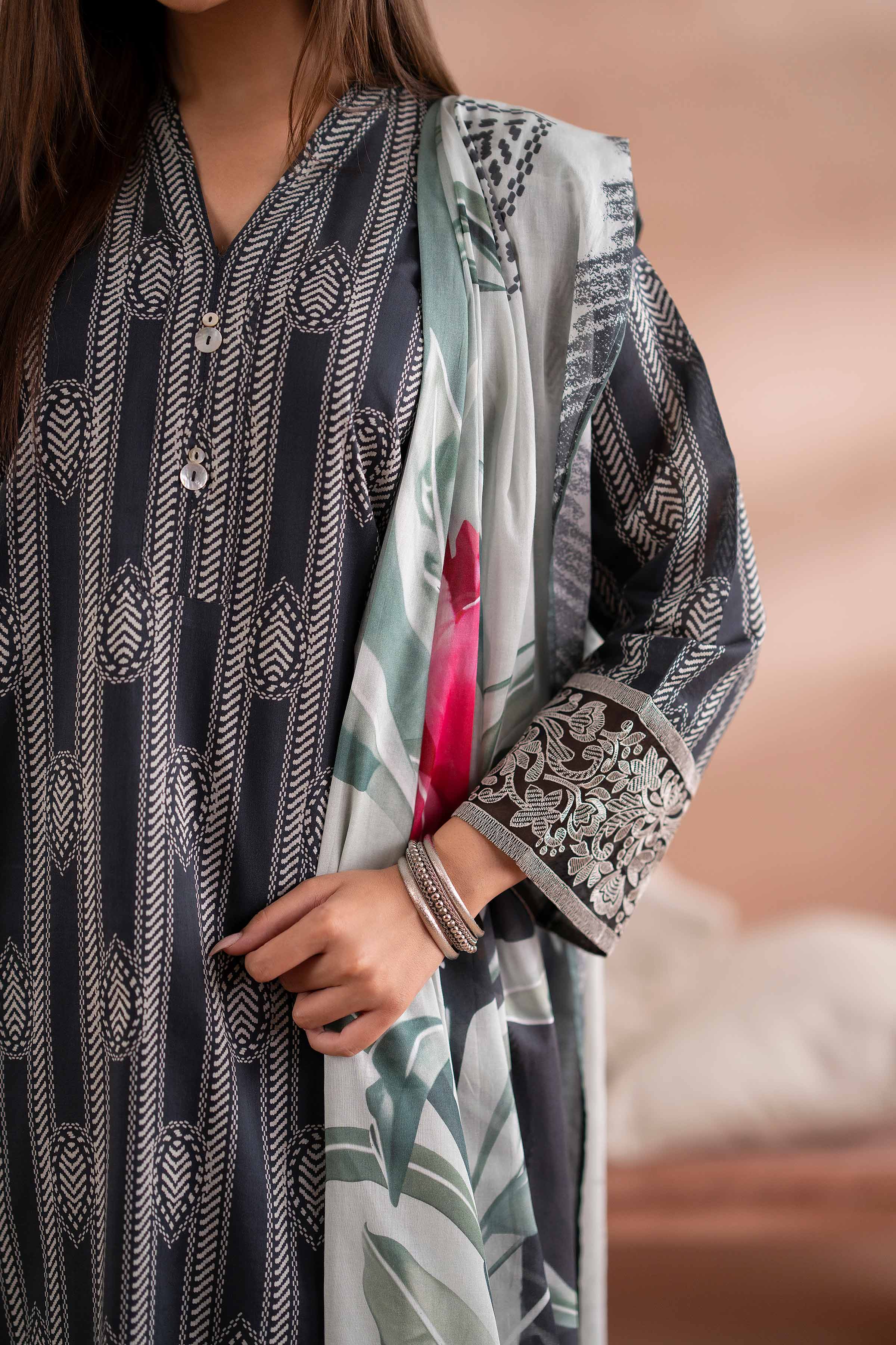 3 Piece - Printed Embroidered Suit - PS25-171