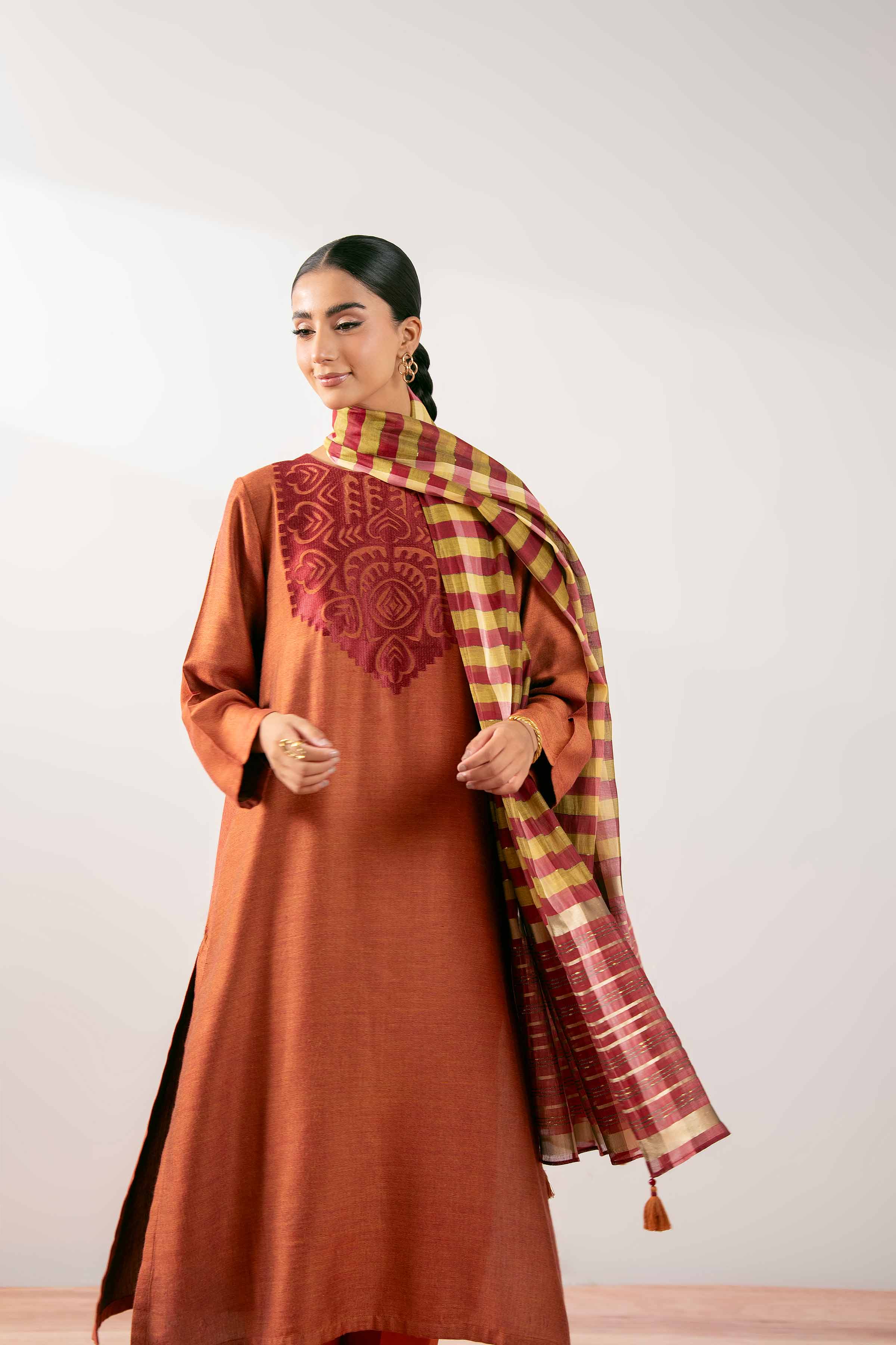 NISHATUAE - Orange Embroidered Jacquard 3-piece Ready to wear Suit