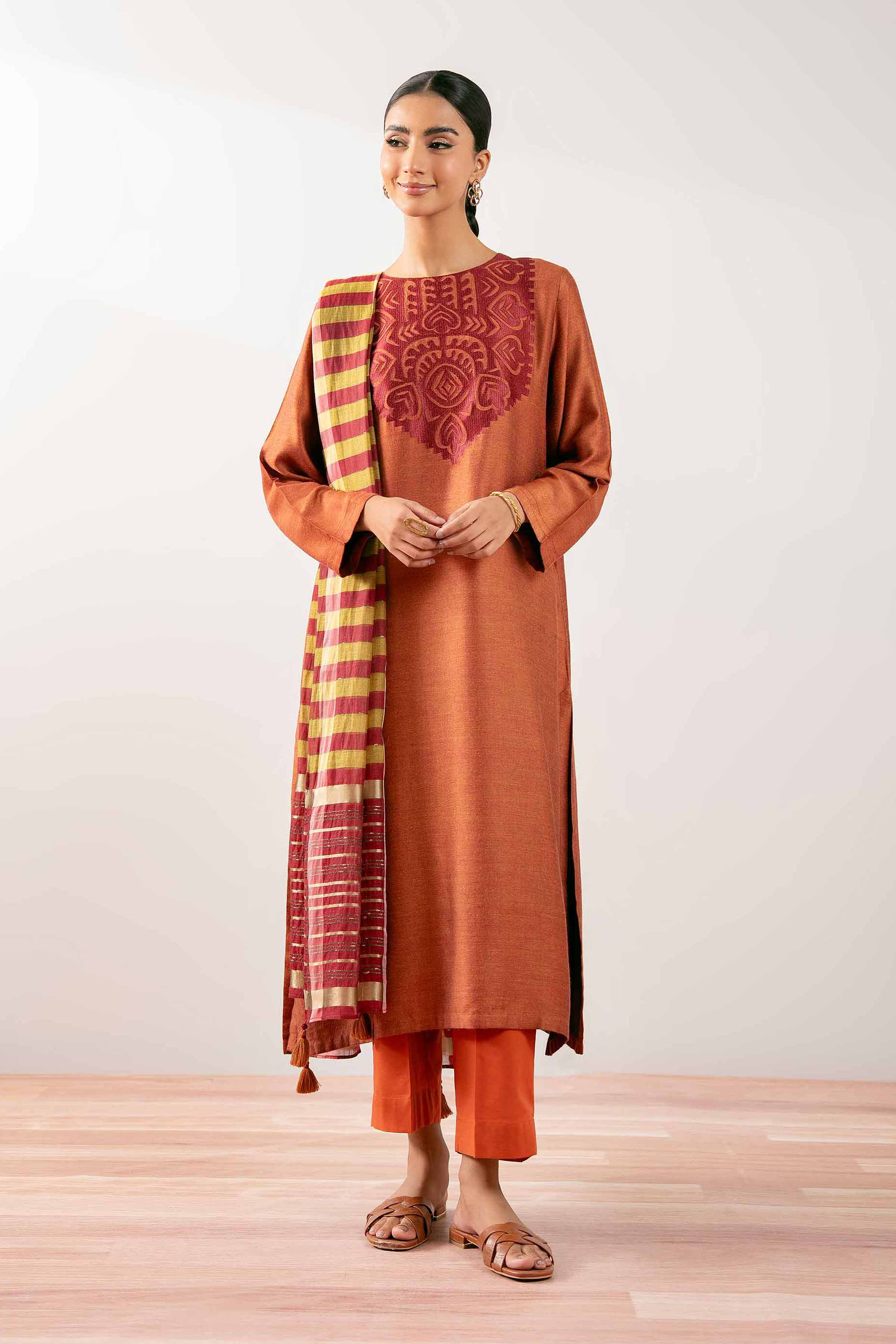 NISHATUAE - Orange Embroidered Jacquard 3-piece Ready to wear Suit